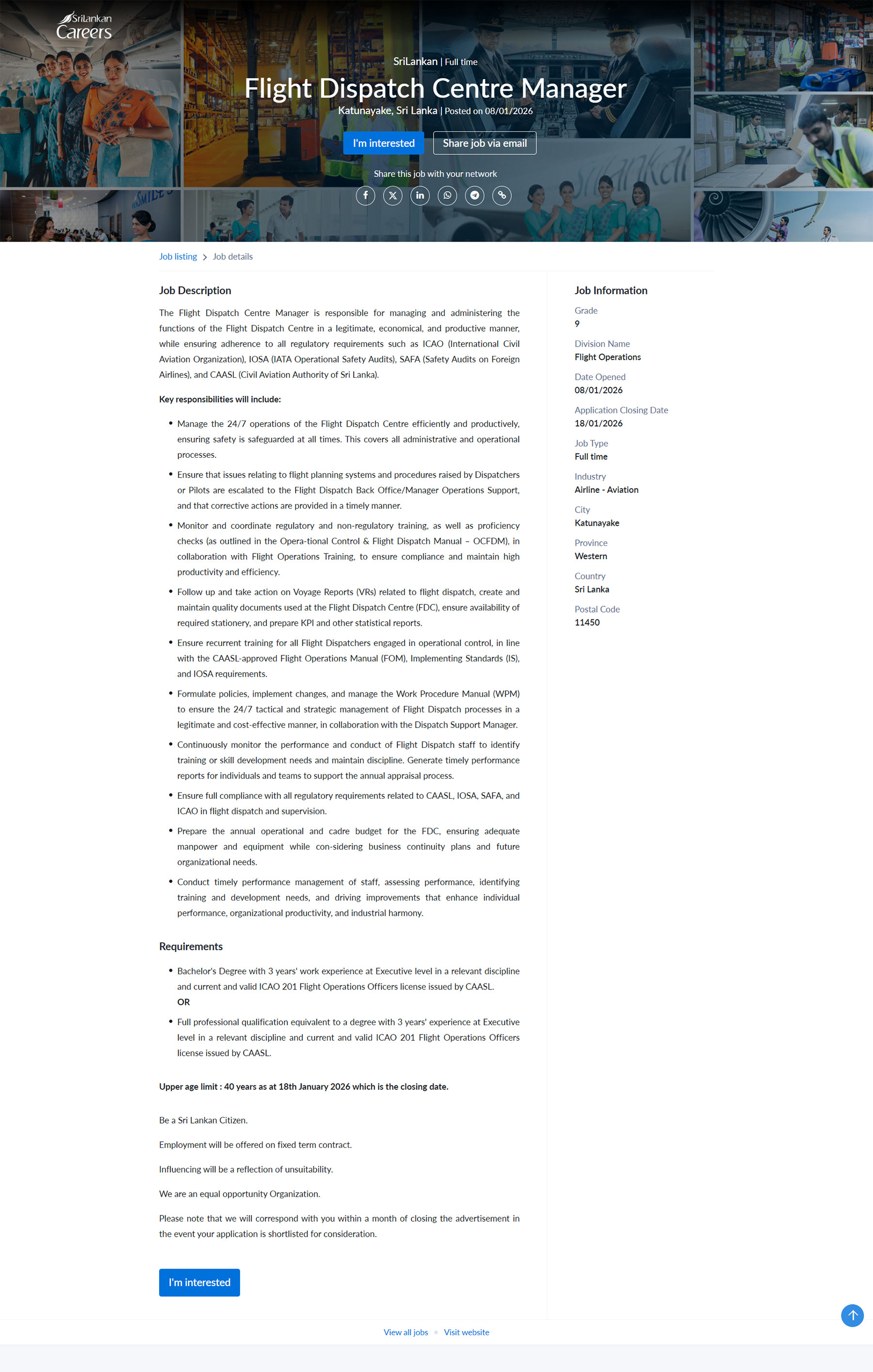 Flight Dispatch Centre Manager - SriLankan Airlines Limited