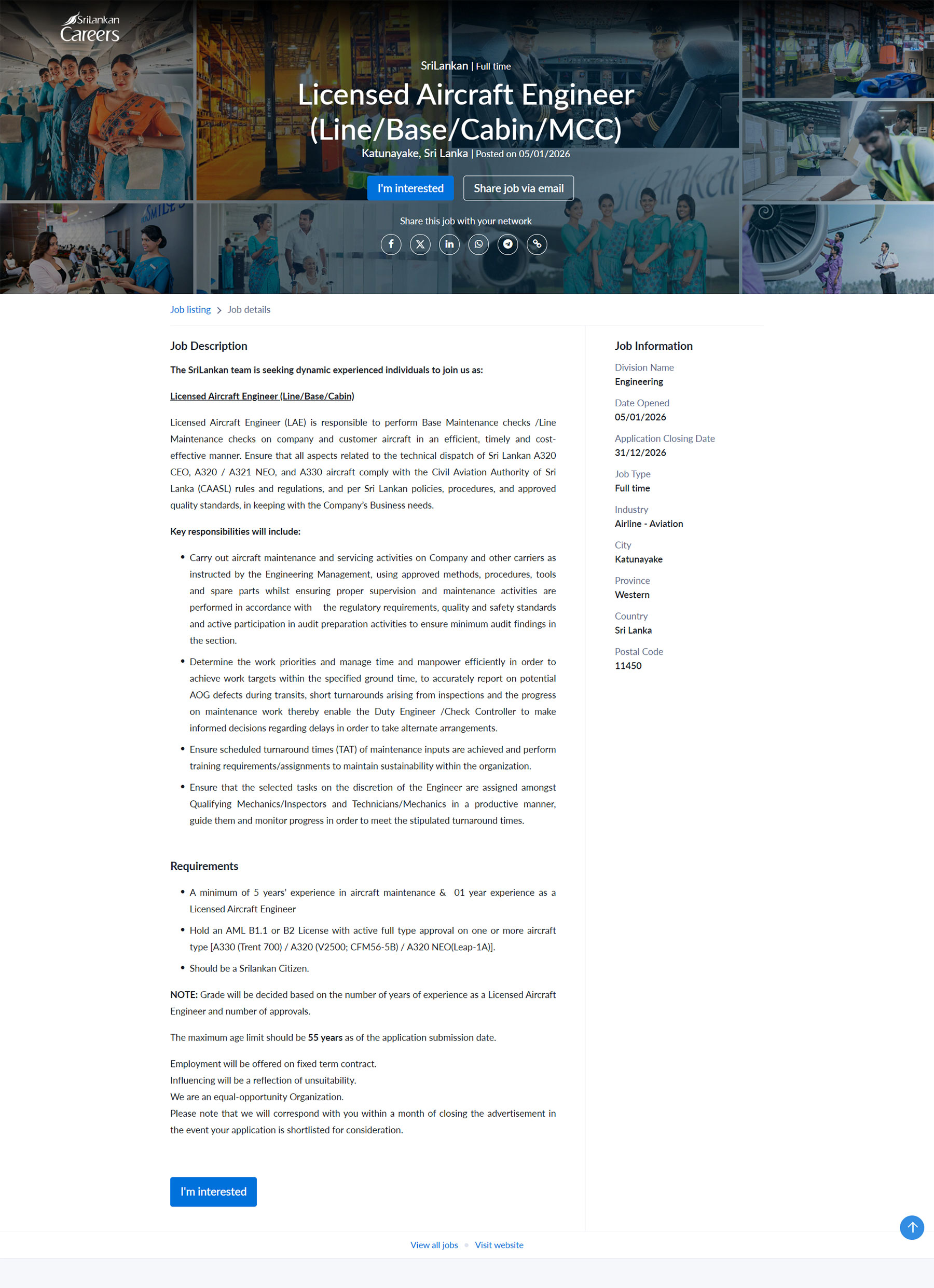 Licensed Aircraft Engineer (Line/Base/Cabin/MCC) - SriLankan Airlines Limited