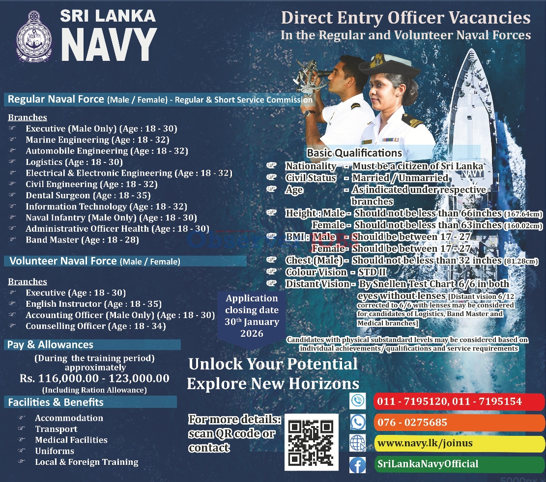 Direct Entry Officer - Regular & Volunteer Naval Force - Sri Lanka Navy