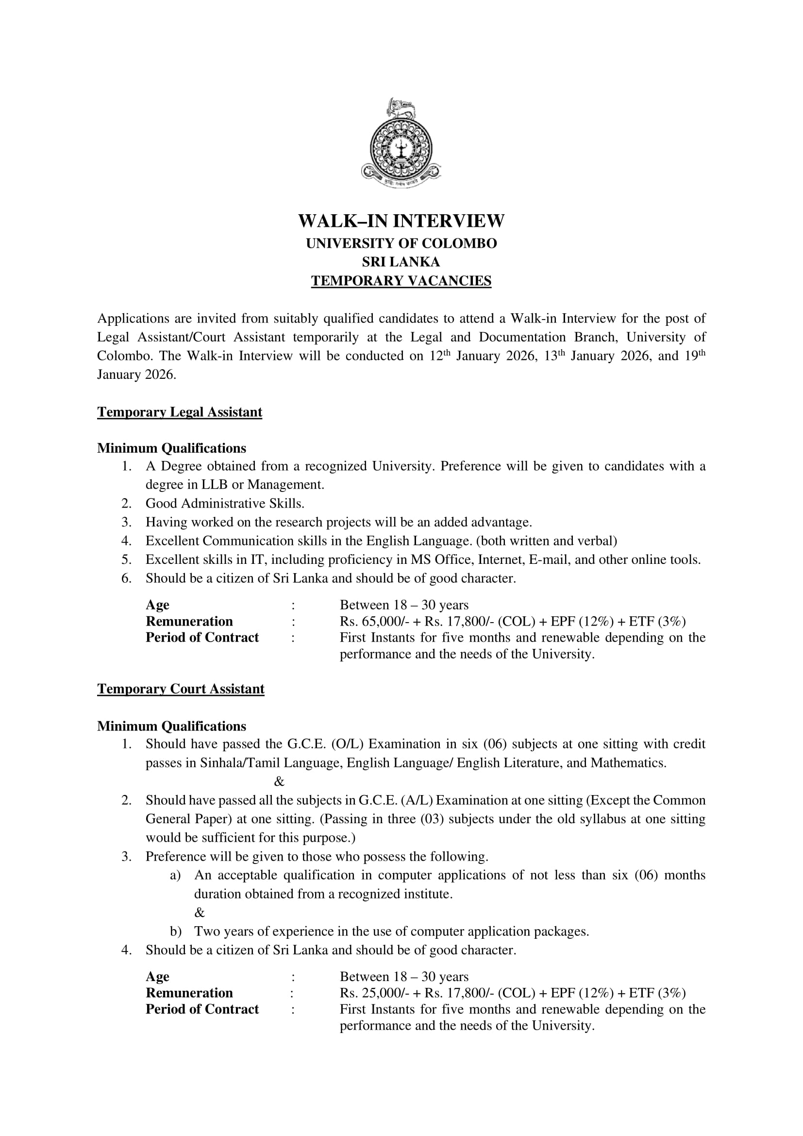 Temporary Legal Assistant - University of Colombo