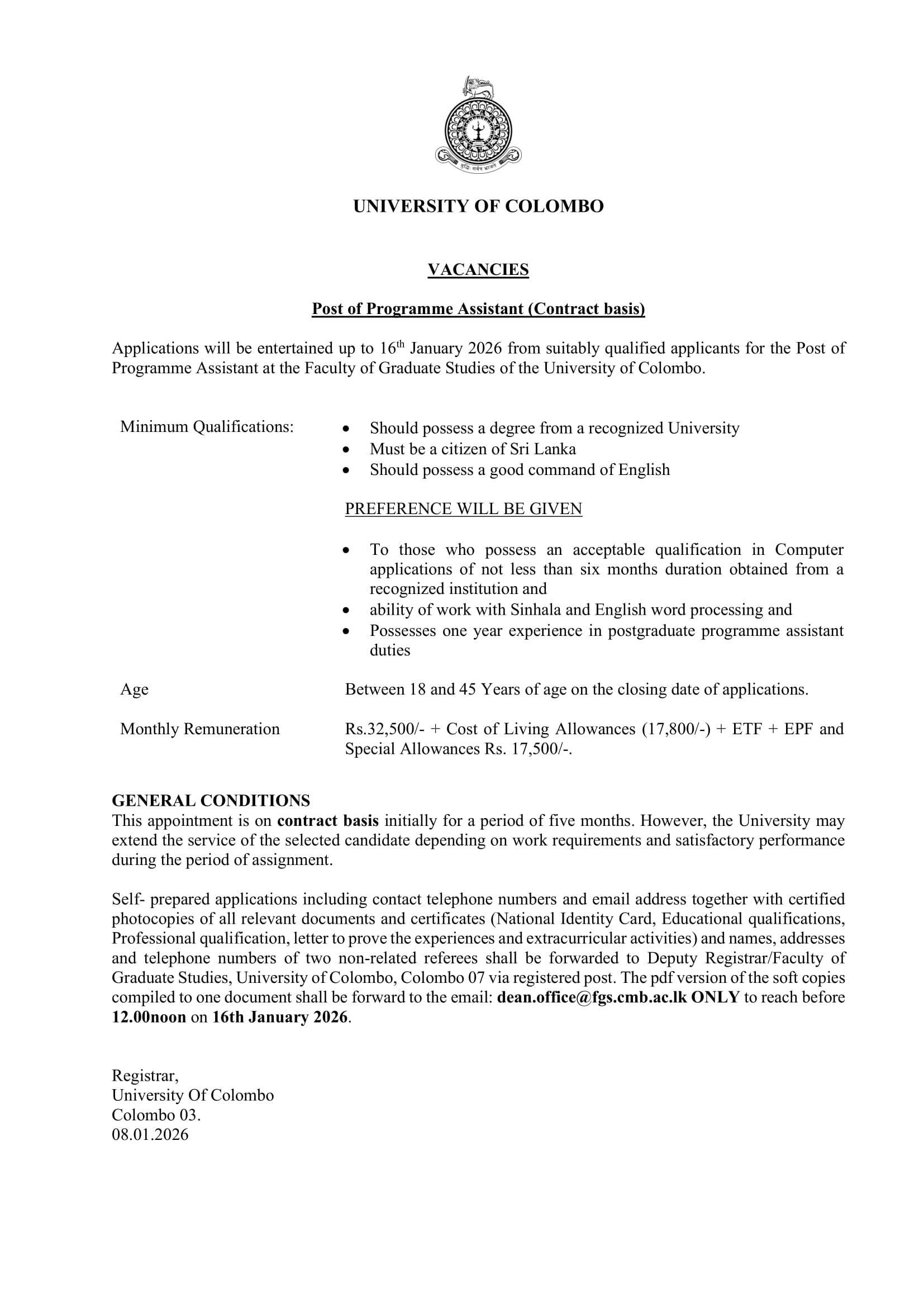 Programme Assistant - University of Colombo