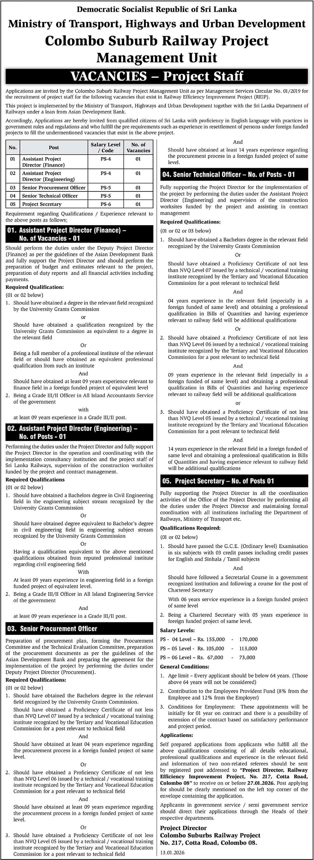 Assistant Project Director, Senior Project Director, Senior Procurement Officer, Senior Technical Officer, Project Secretary - Ministry of Transport, Highways & Urban Development 