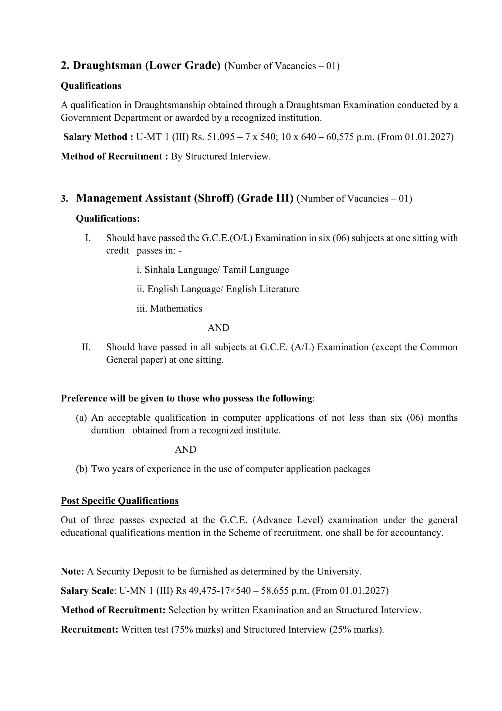 Management Assistant, Technical Officer, Draughtsman, Mechanic, Nurseryman, Tractor Operator - University of Ruhuna 