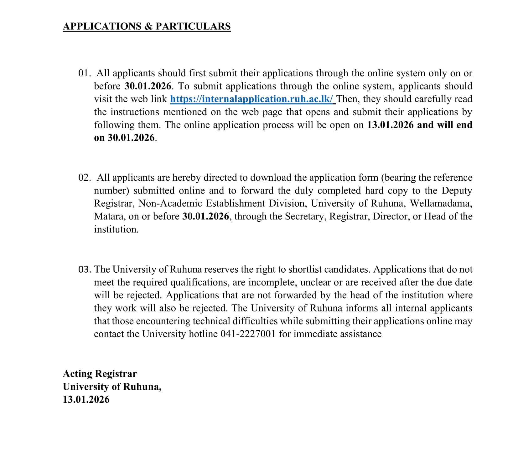 Management Assistant, Technical Officer, Draughtsman, Mechanic, Nurseryman, Tractor Operator - University of Ruhuna 