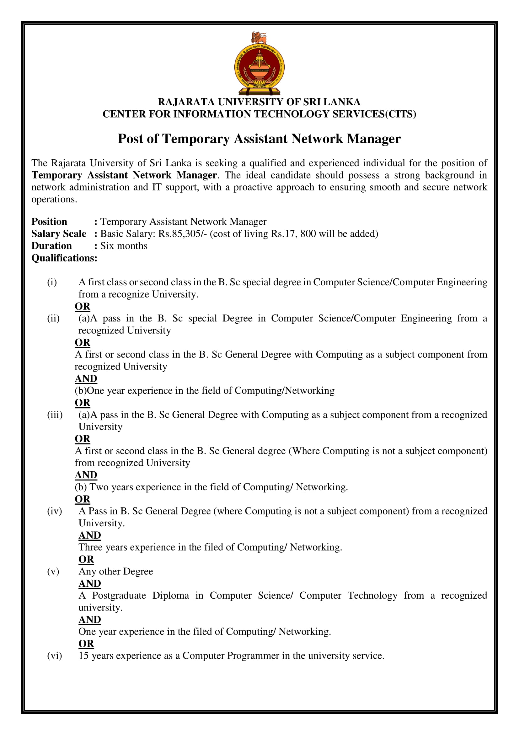 Temporary Assistant Network Manager - Rajarata University of Sri Lanka