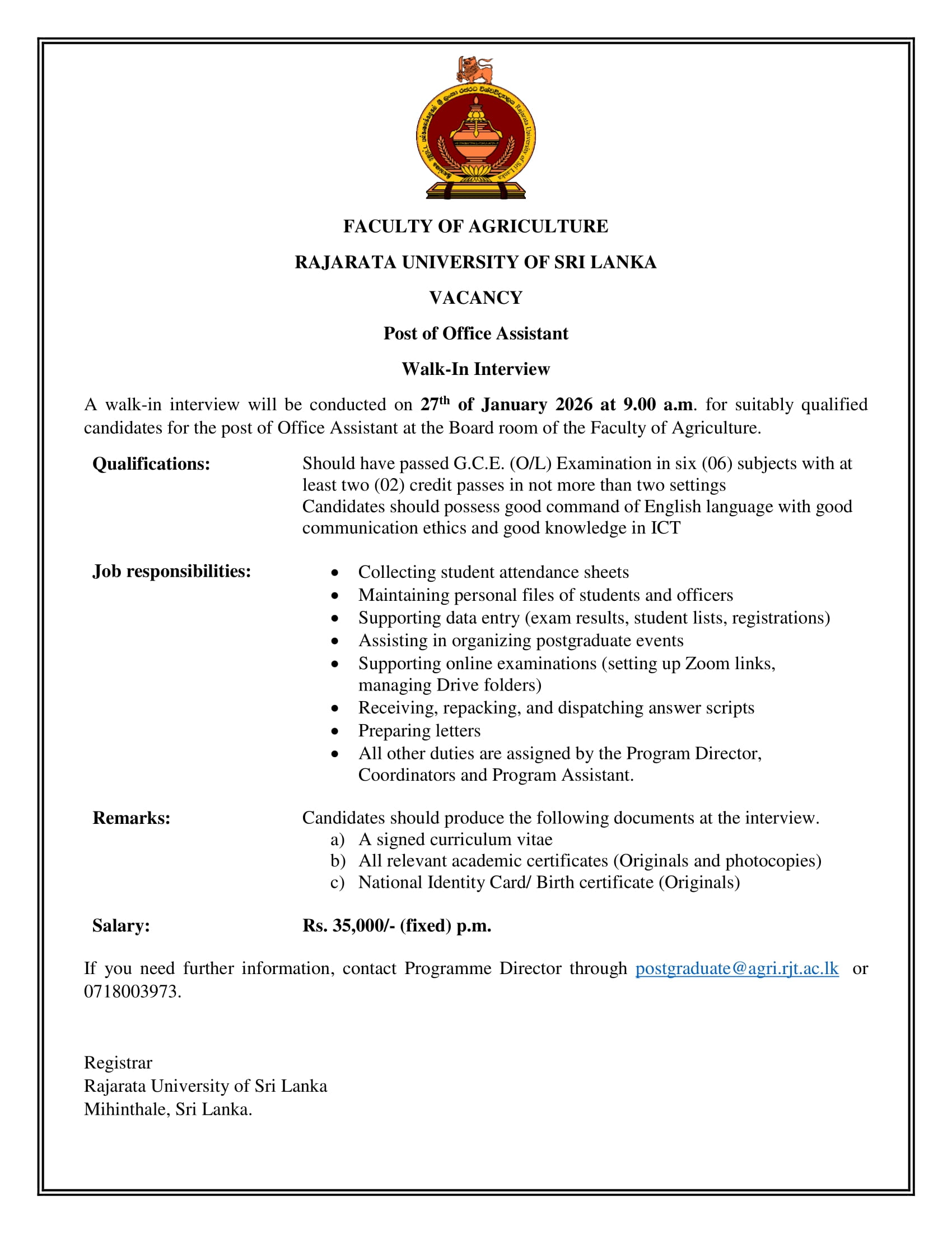 Office Assistant - Rajarata University of Sri Lanka
