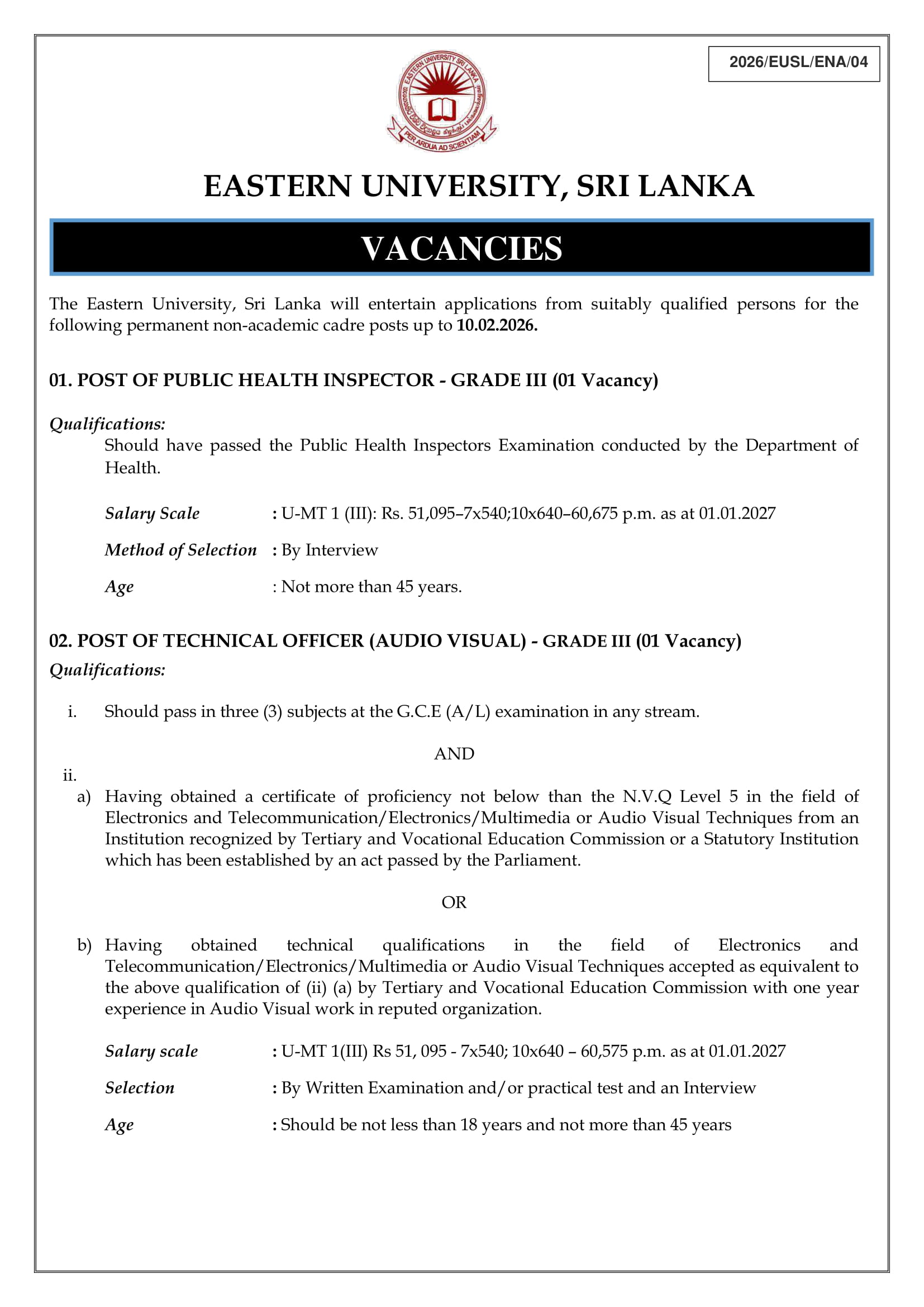 Management Assistant, Public Health Inspector, Technical Officer, Works Supervisor, Slaughterman/Butcher, Milker, Gymnasium Attendant, Caretaker/Cook, Specimen Collector, Laboratory Attendant - Eastern University, Sri Lanka