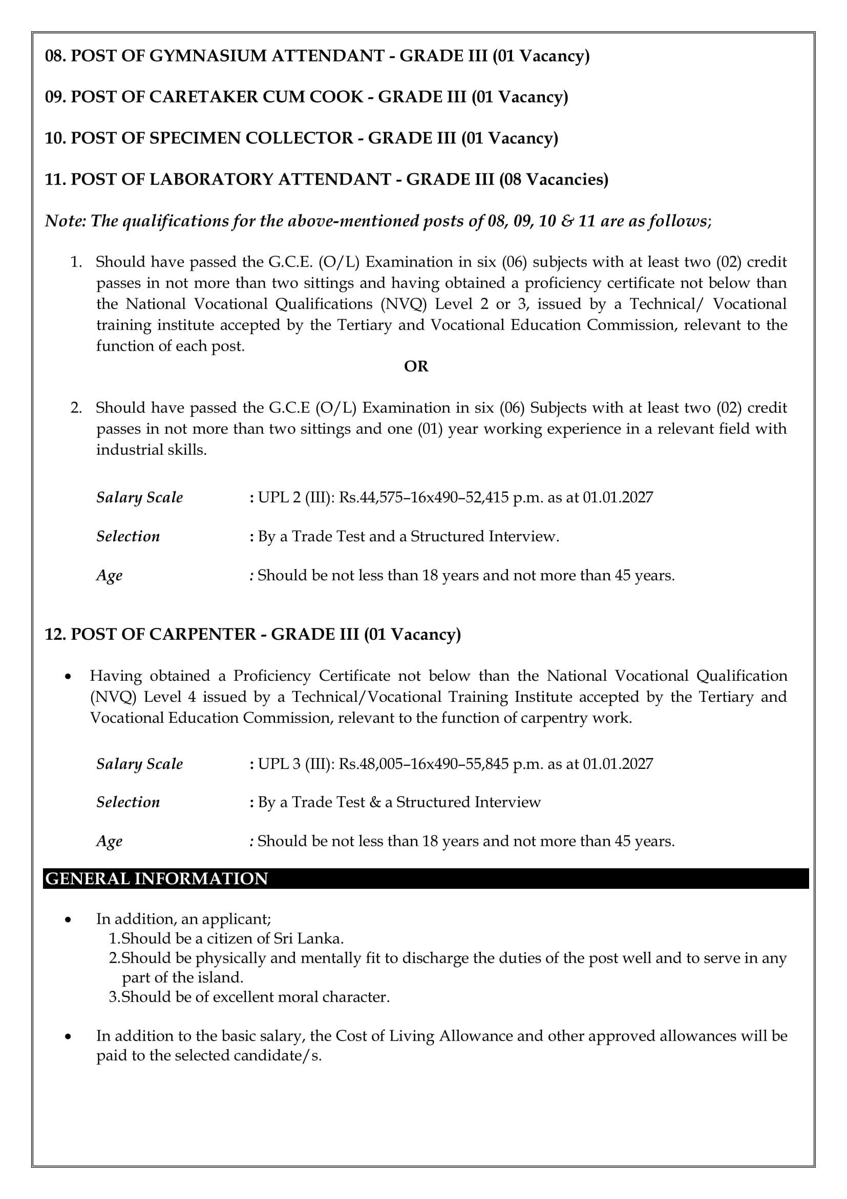 Management Assistant, Public Health Inspector, Technical Officer, Works Supervisor, Slaughterman/Butcher, Milker, Gymnasium Attendant, Caretaker/Cook, Specimen Collector, Laboratory Attendant - Eastern University, Sri Lanka