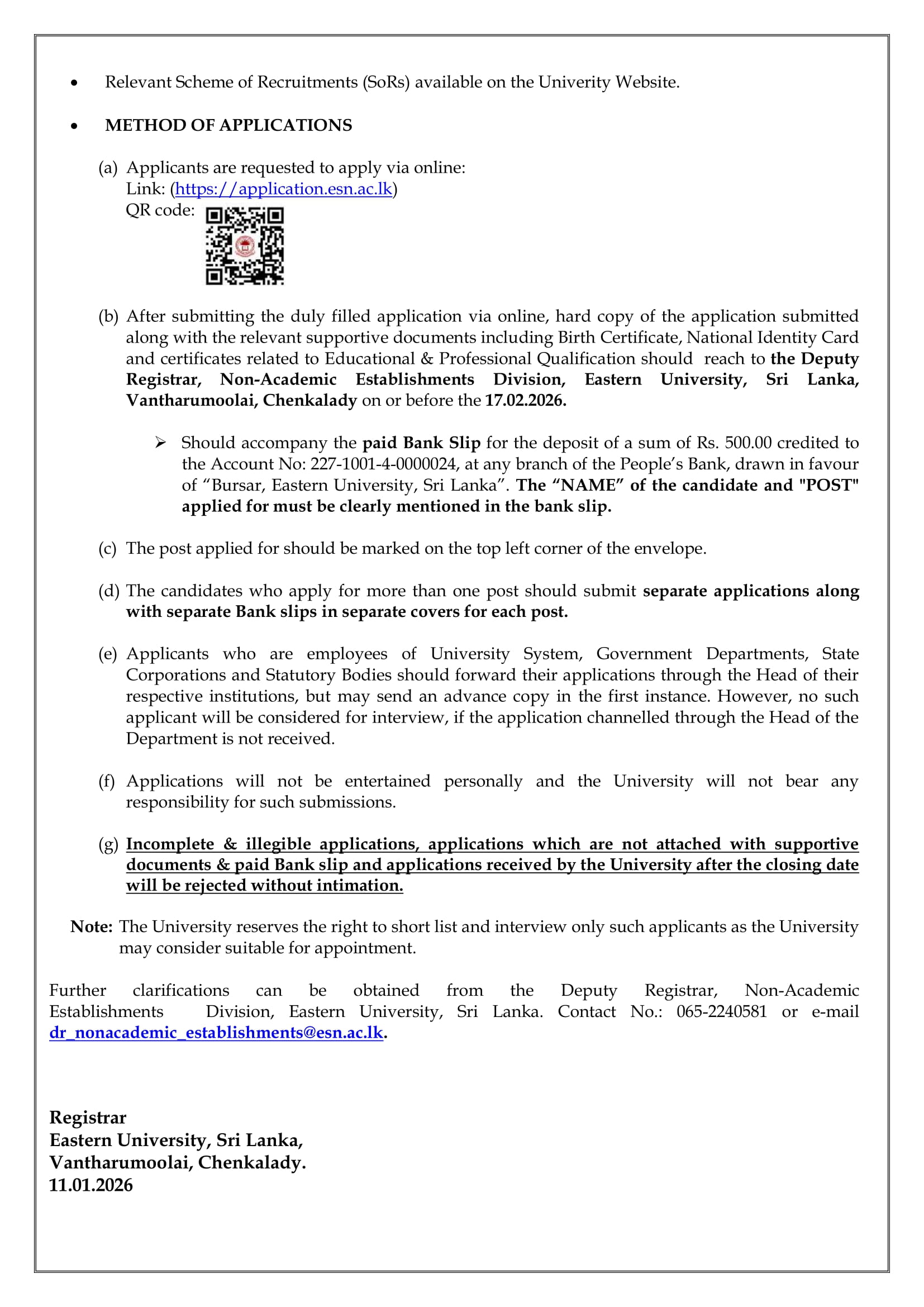 Management Assistant, Public Health Inspector, Technical Officer, Works Supervisor, Slaughterman/Butcher, Milker, Gymnasium Attendant, Caretaker/Cook, Specimen Collector, Laboratory Attendant - Eastern University, Sri Lanka