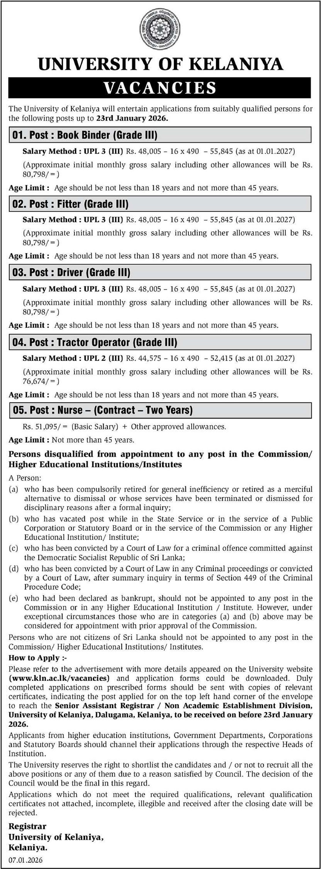 Book Binder, Fitter, Tractor Operator, Nurse - University of Kelaniya 