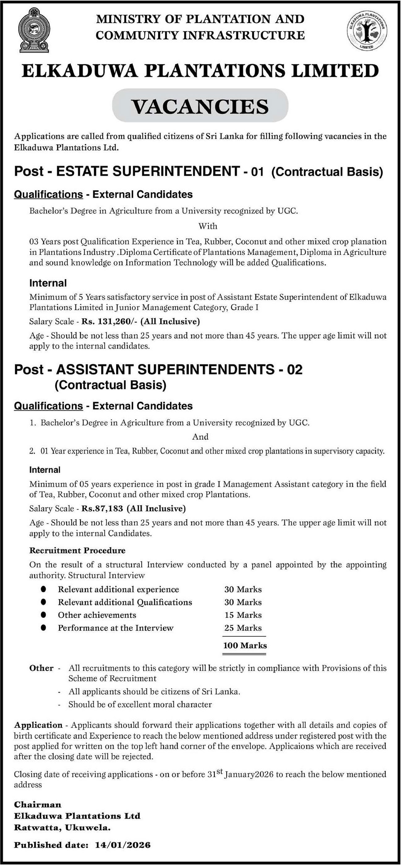 Estate Superintendent, Assistant Superintendent - Elkaduwa Plantations Ltd