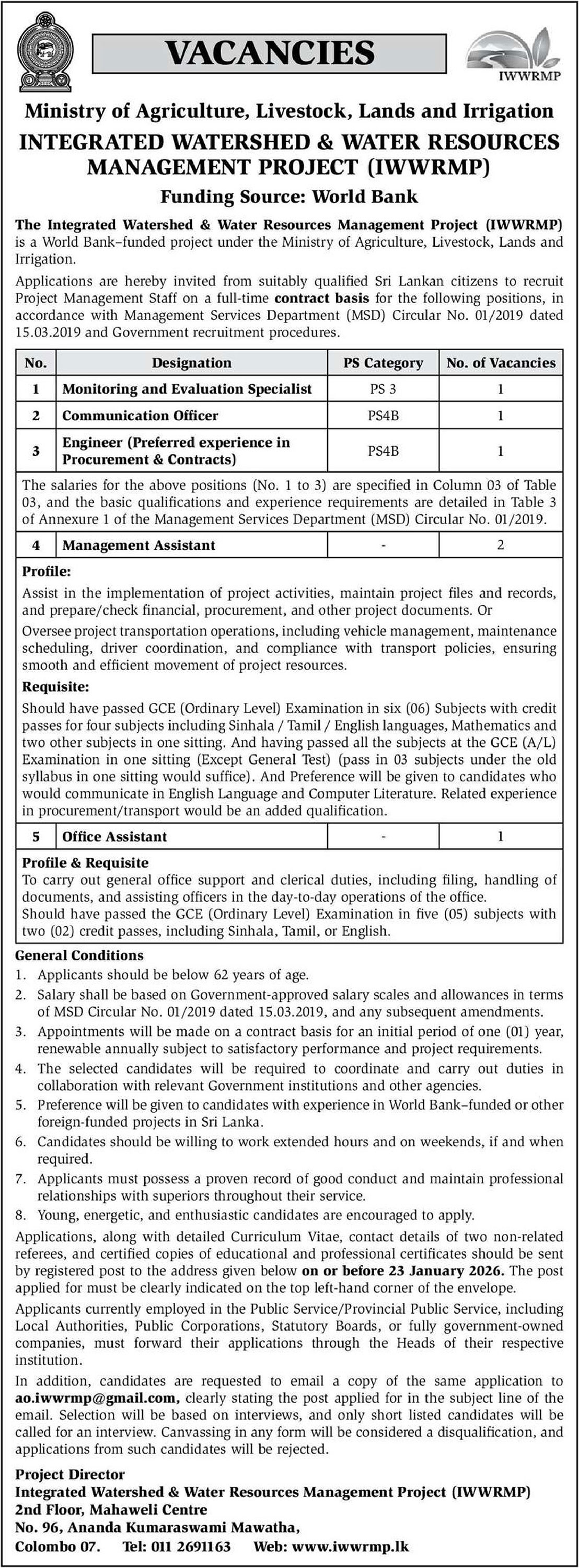 Management Assistant, Office Assistant, Monitoring & Evaluation Specialist, Communication Officer, Engineer - Ministry of Agriculture, Livestock, Lands & Irrigation
