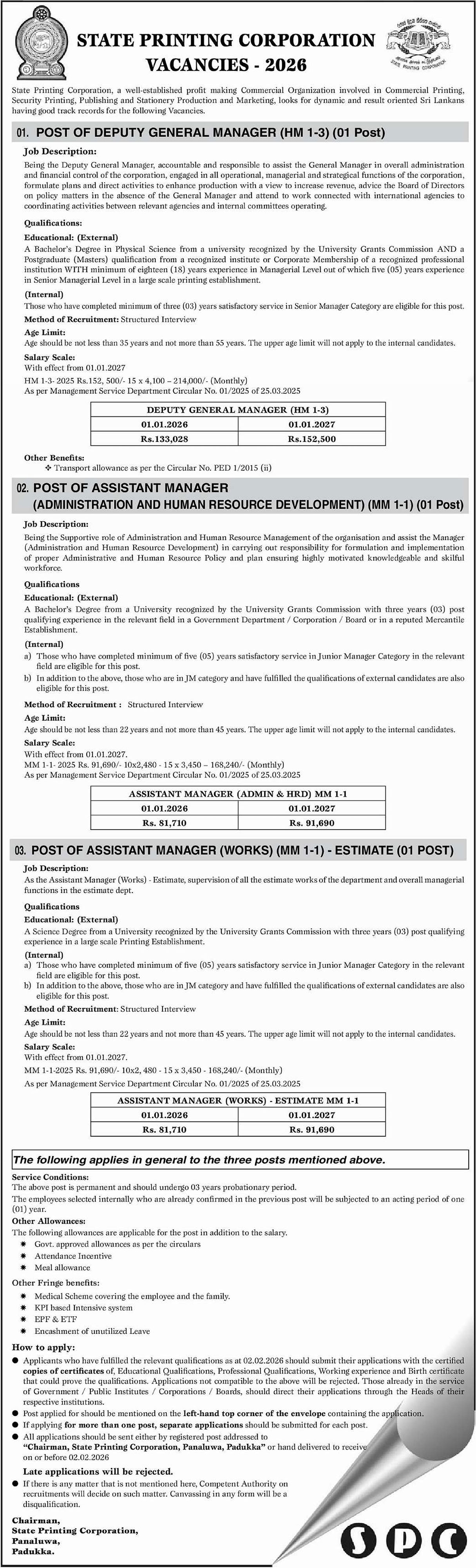 Deputy General Manager, Assistant Manager - State Printing Corporation 