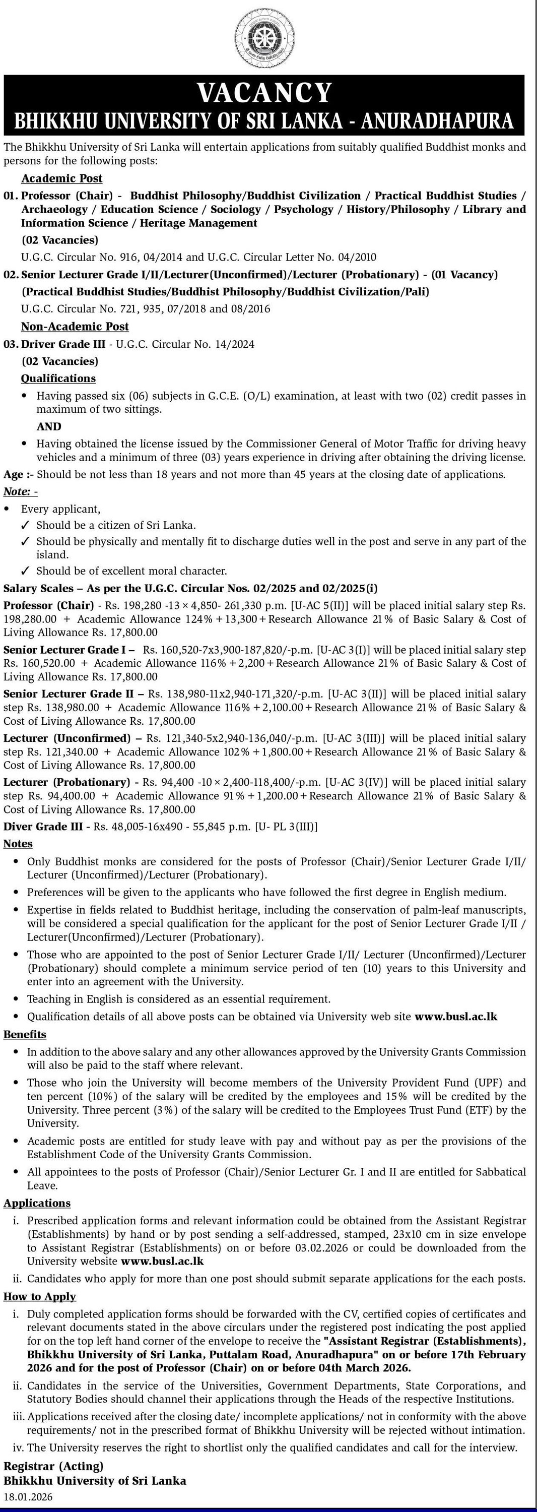 Professor, Senior Lecturer, Lecturer, Driver - Bhikkhu University of Sri Lanka - Anuradhapura