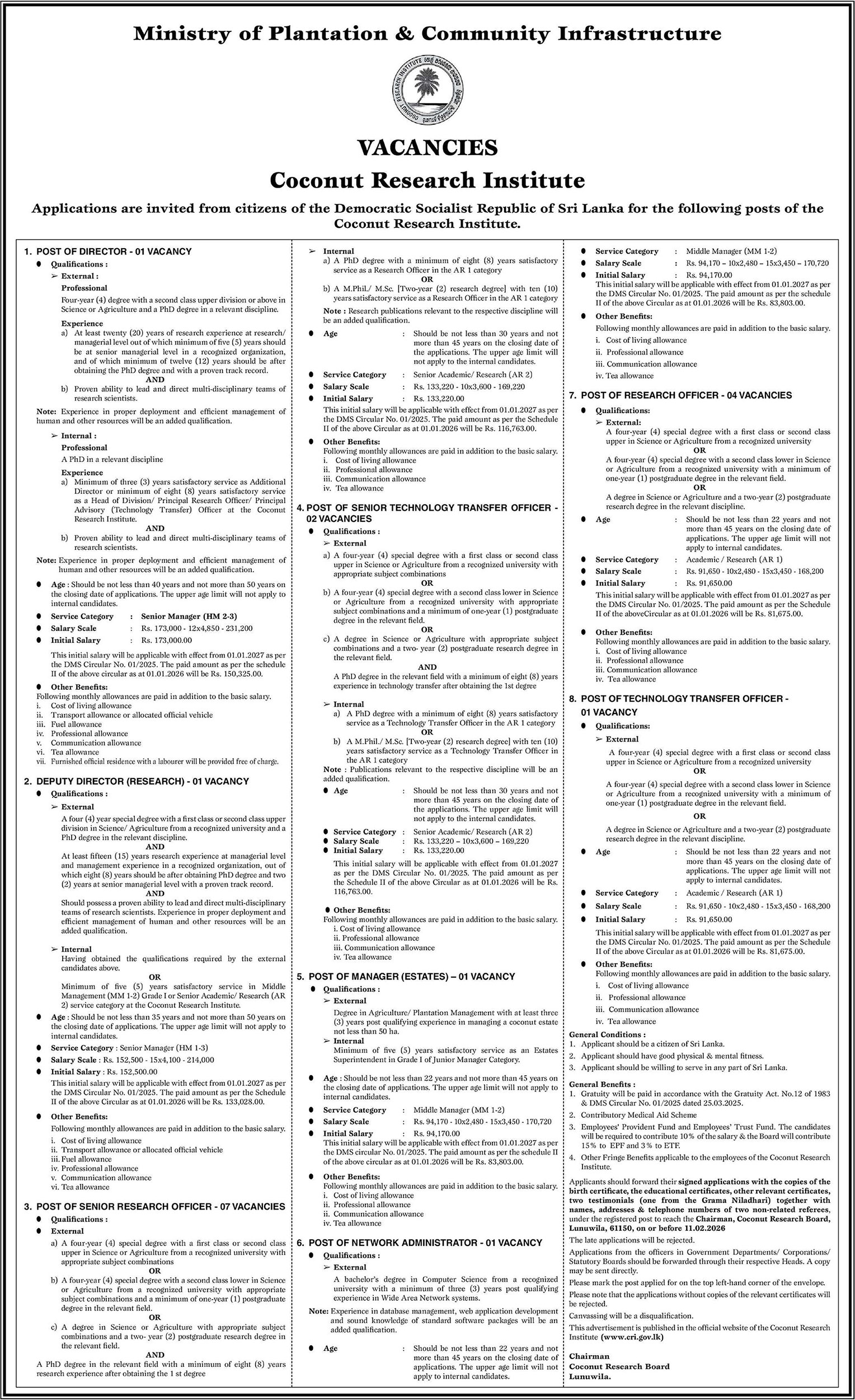 Director, Deputy Director, Research Officer, Technology Transfer Officer, Manager, Network Administrator - Coconut Research Board