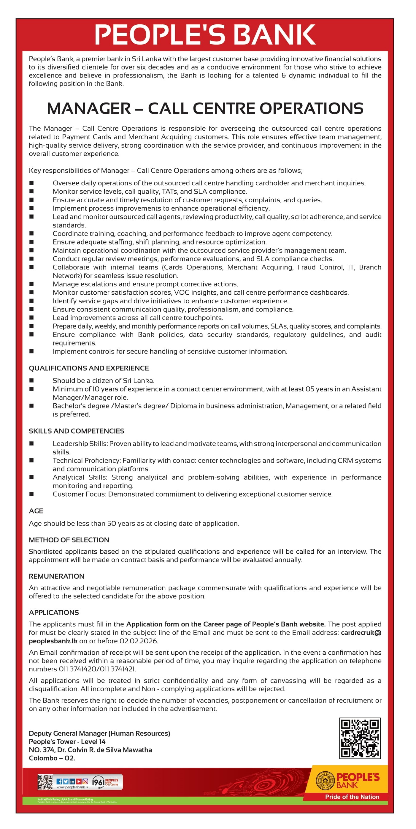 Manager (Call Centre Operations) - People’s Bank