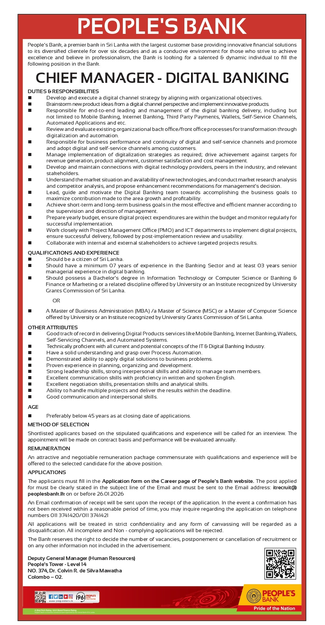 Chief Manger (Digital Banking) - People’s Bank