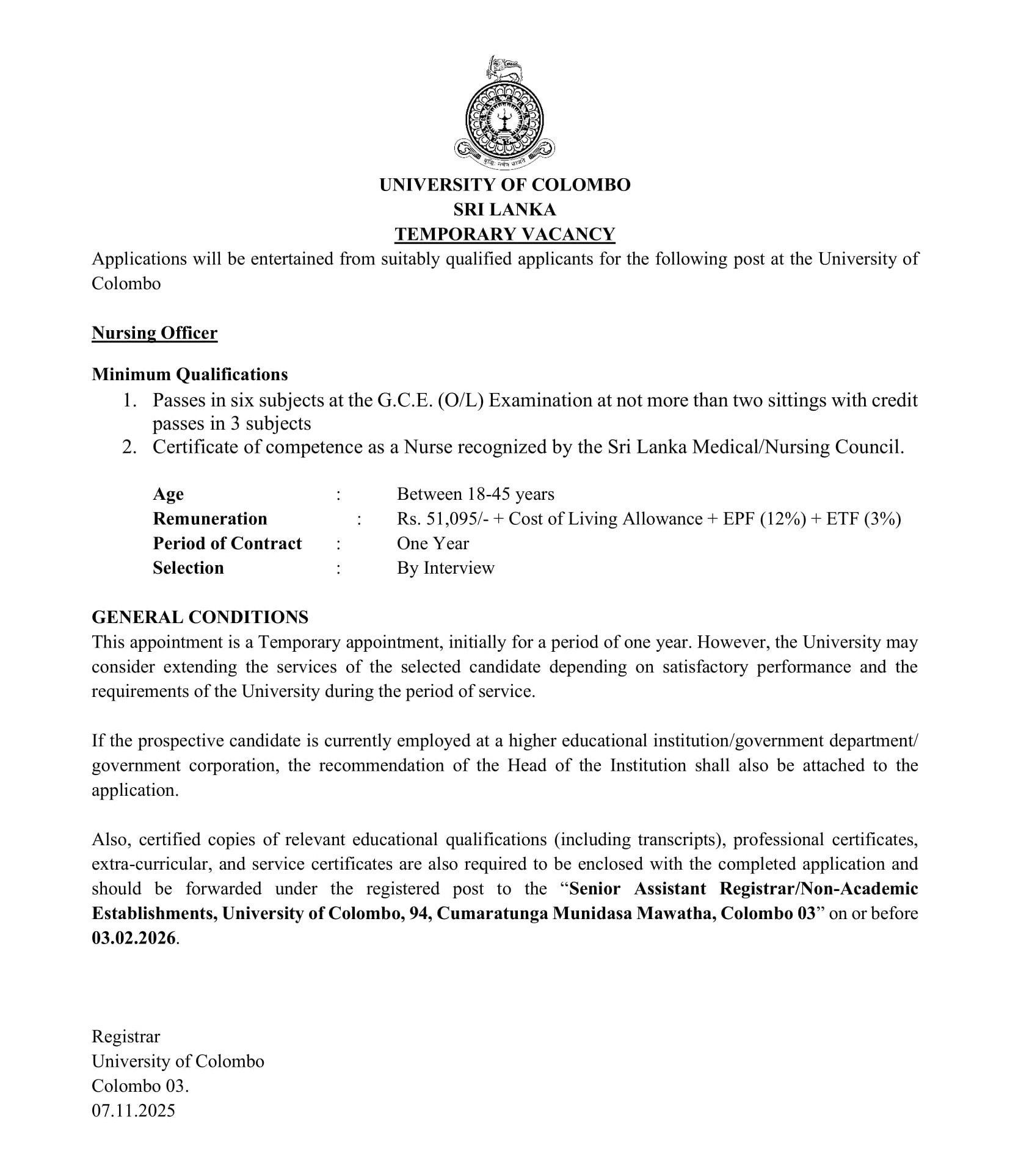Nursing Officer - University of Colombo