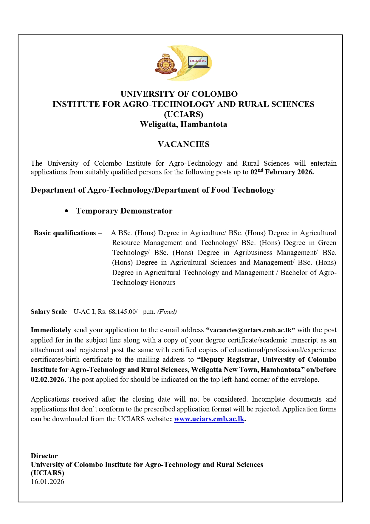 Temporary Demonstrator - University of Colombo