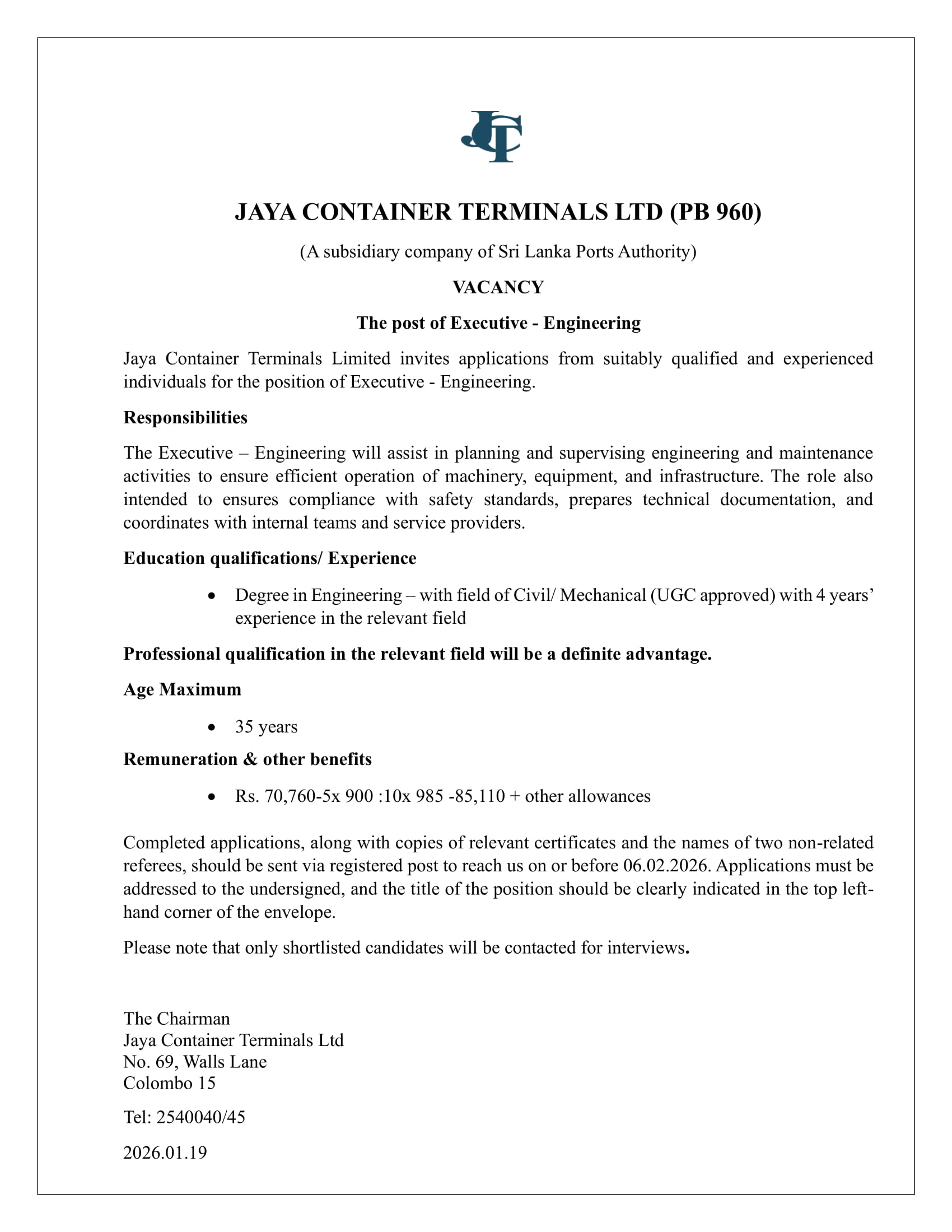 Executive (Engineering) - Jaya Container Terminals Ltd