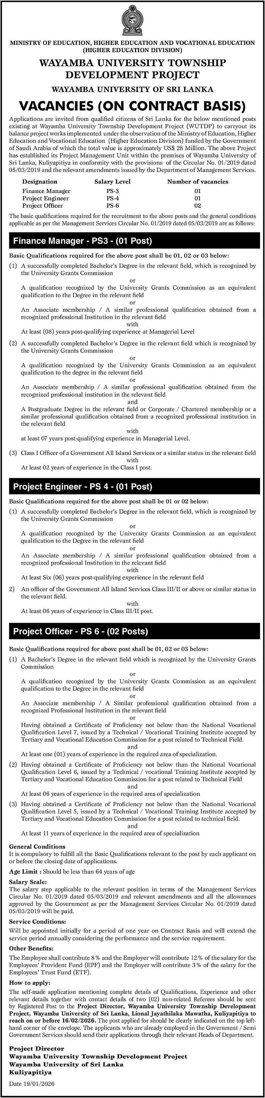 Finance Manager, Project Engineer, Project Officer - Wayamba University of Sri Lanka