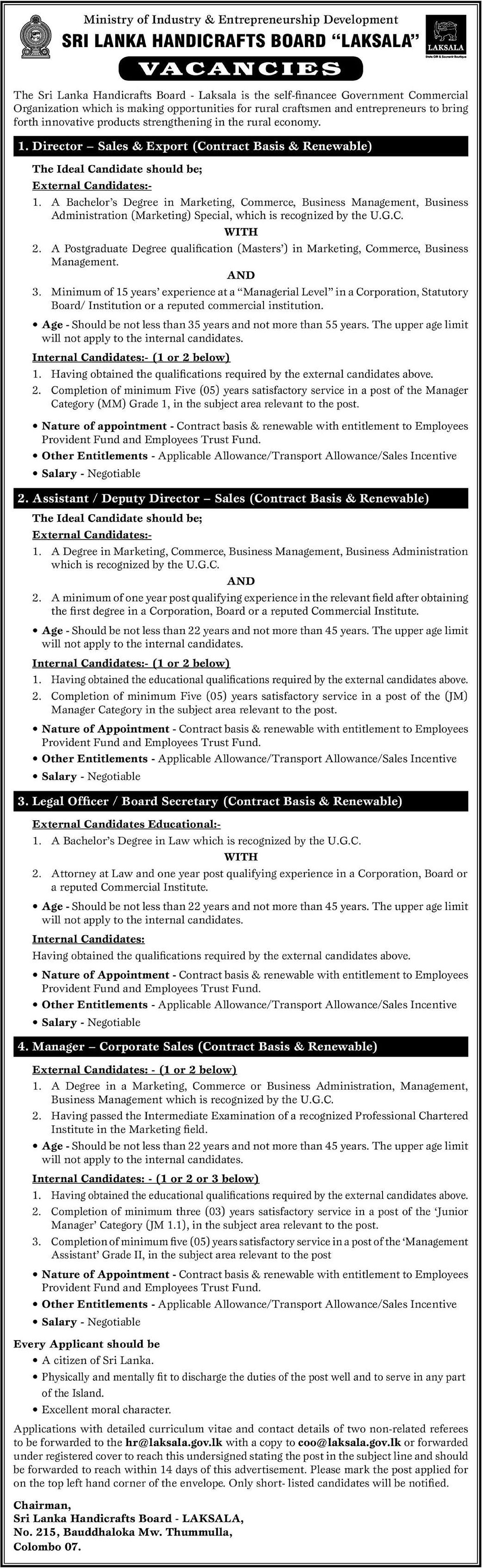 Director, Assistant/Deputy Director, Legal Officer/Board Secretary, Manager - Sri Lanka Handicrafts Board