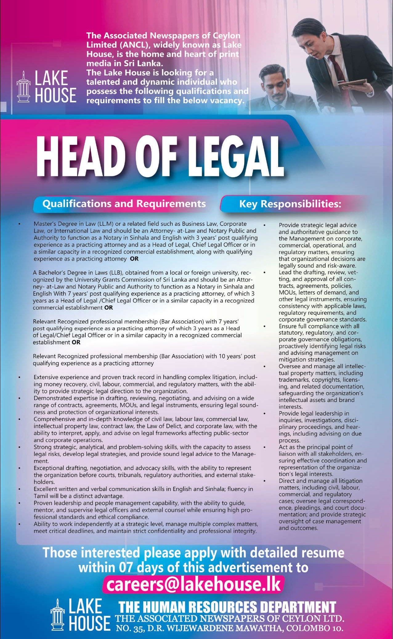 Head of Legal - The Associated Newspapers of Ceylon Ltd