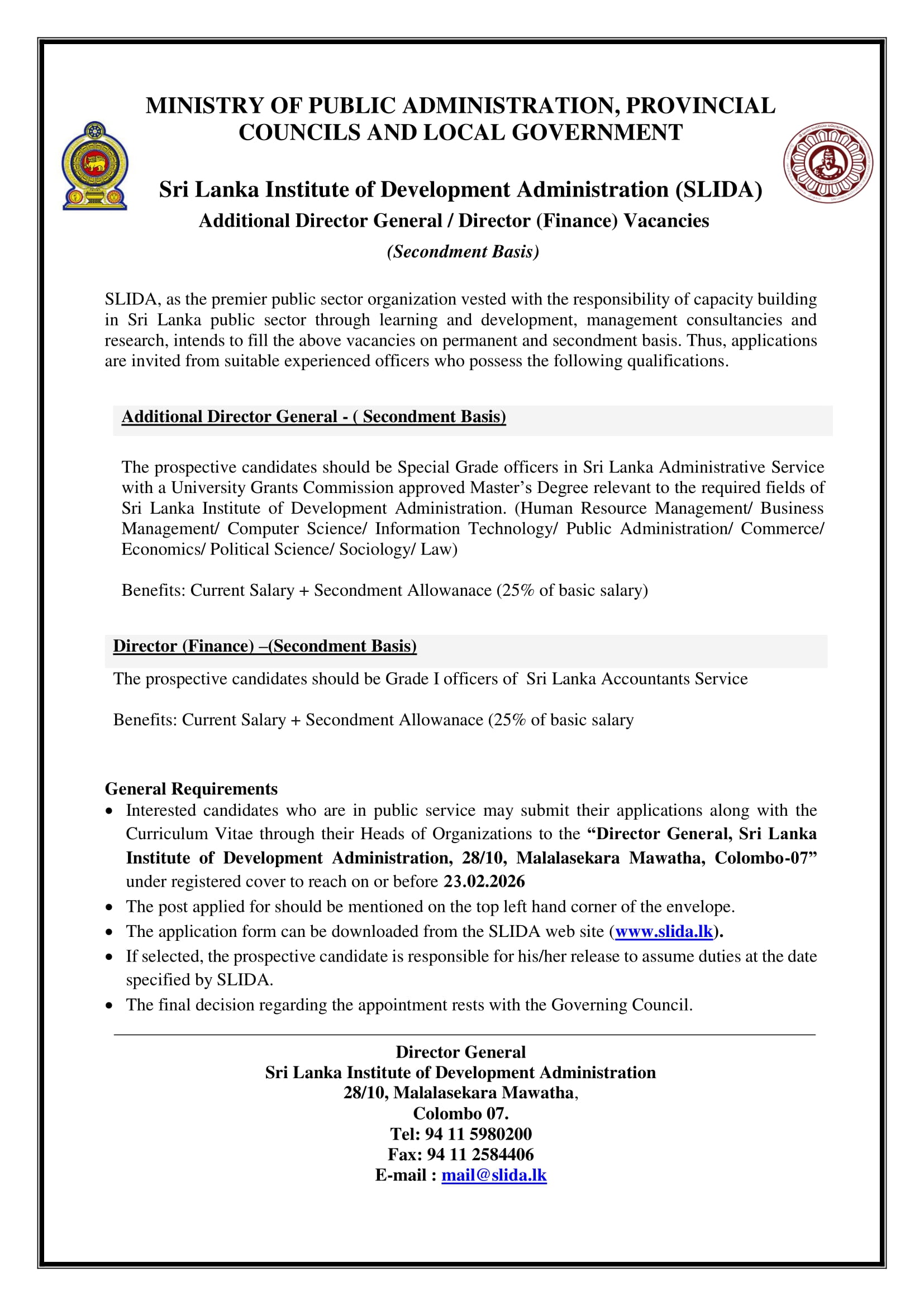 Additional Director General, Director (Finance) - Sri Lanka Institute of Development Administration