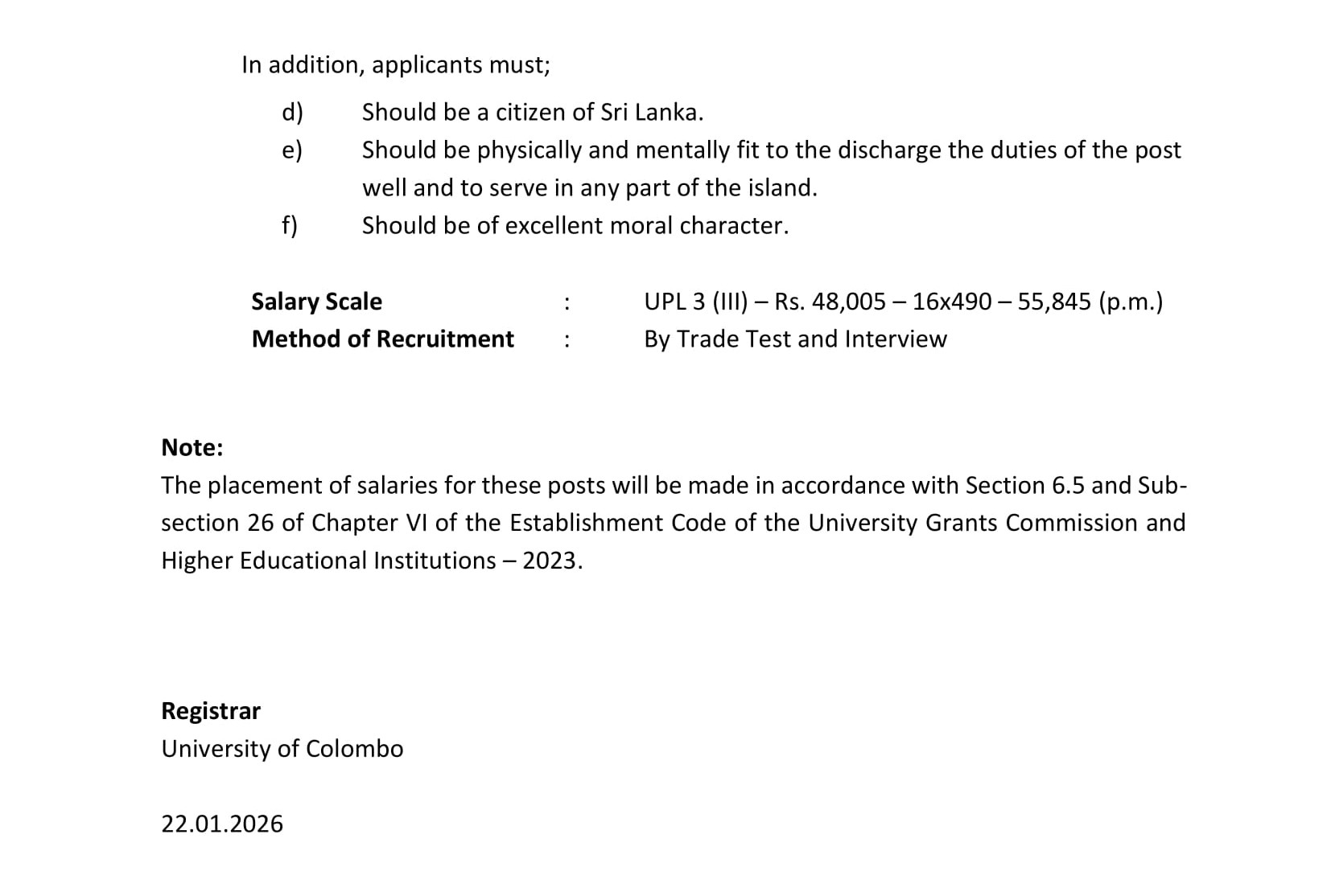 Driver, Mason, Mechanic - University of Colombo  