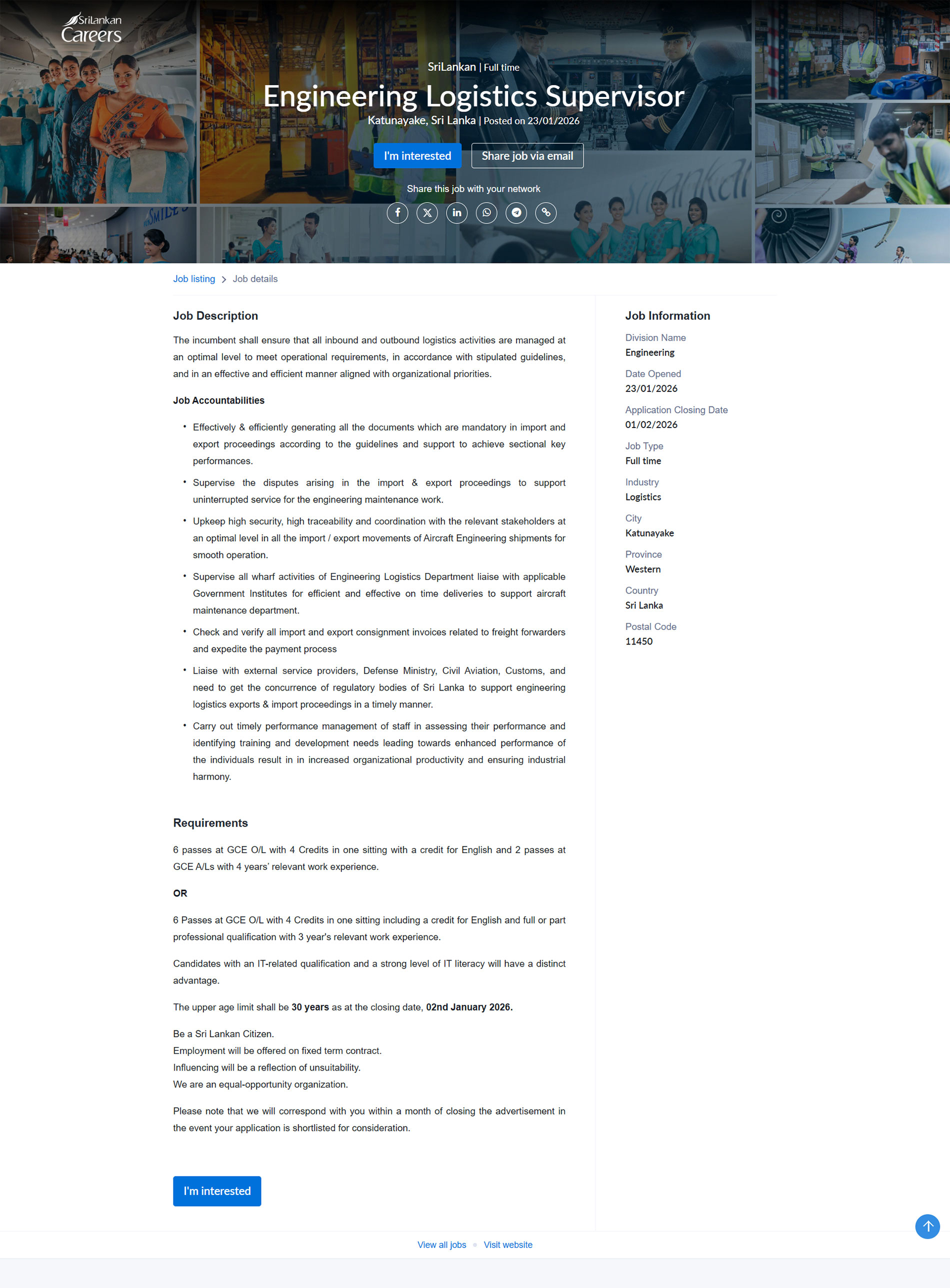 Engineering Logistics Supervisor - SriLankan Airlines Limited