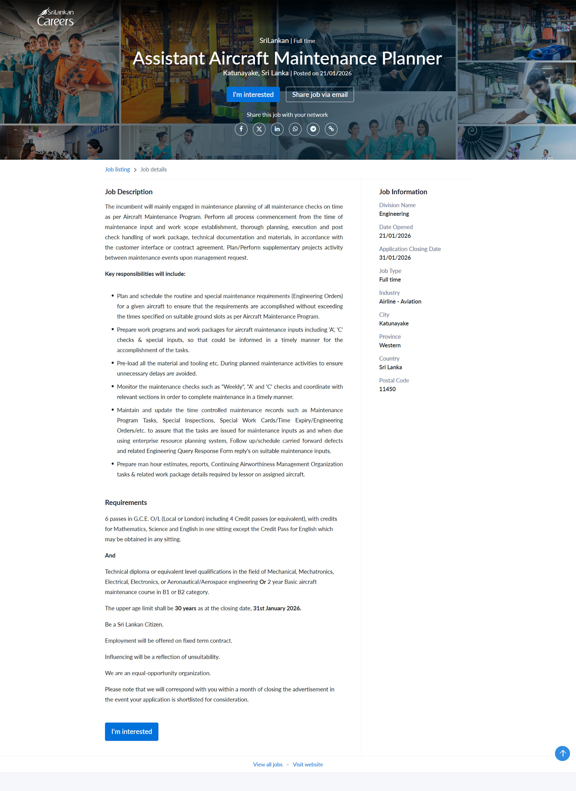 Assistant Aircraft Maintenance Planner - SriLankan Airlines Limited