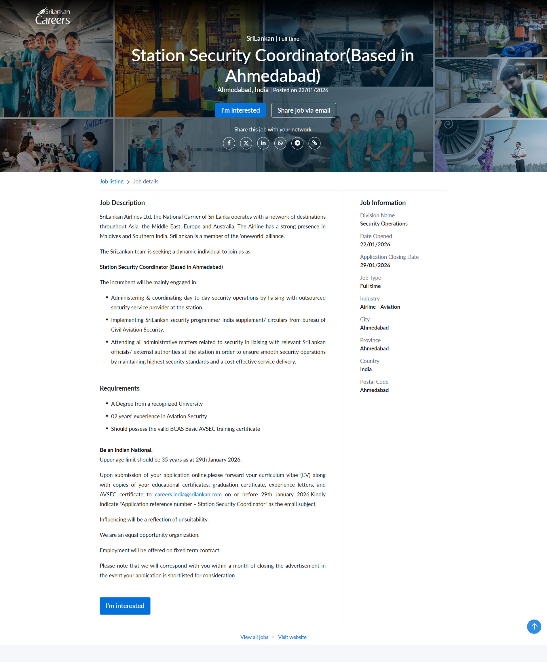 Station Security Coordinator (Based in Ahmedabad) - SriLankan Airlines Limited