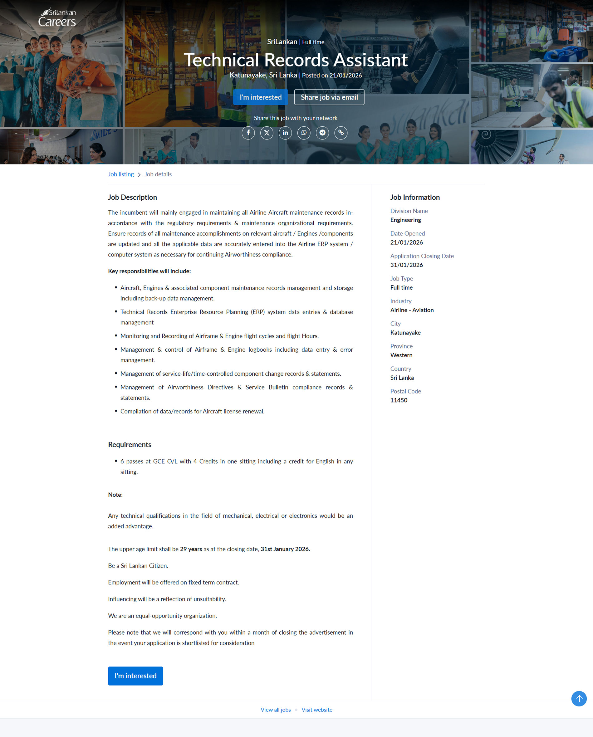 Technical Records Assistant - SriLankan Airlines Limited