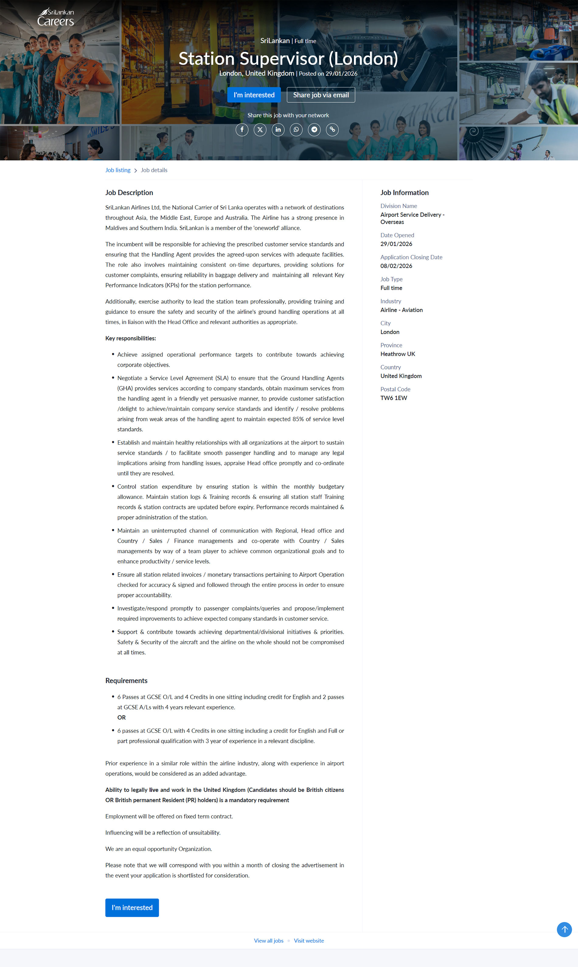  Station Supervisor (London) - SriLankan Airlines Limited