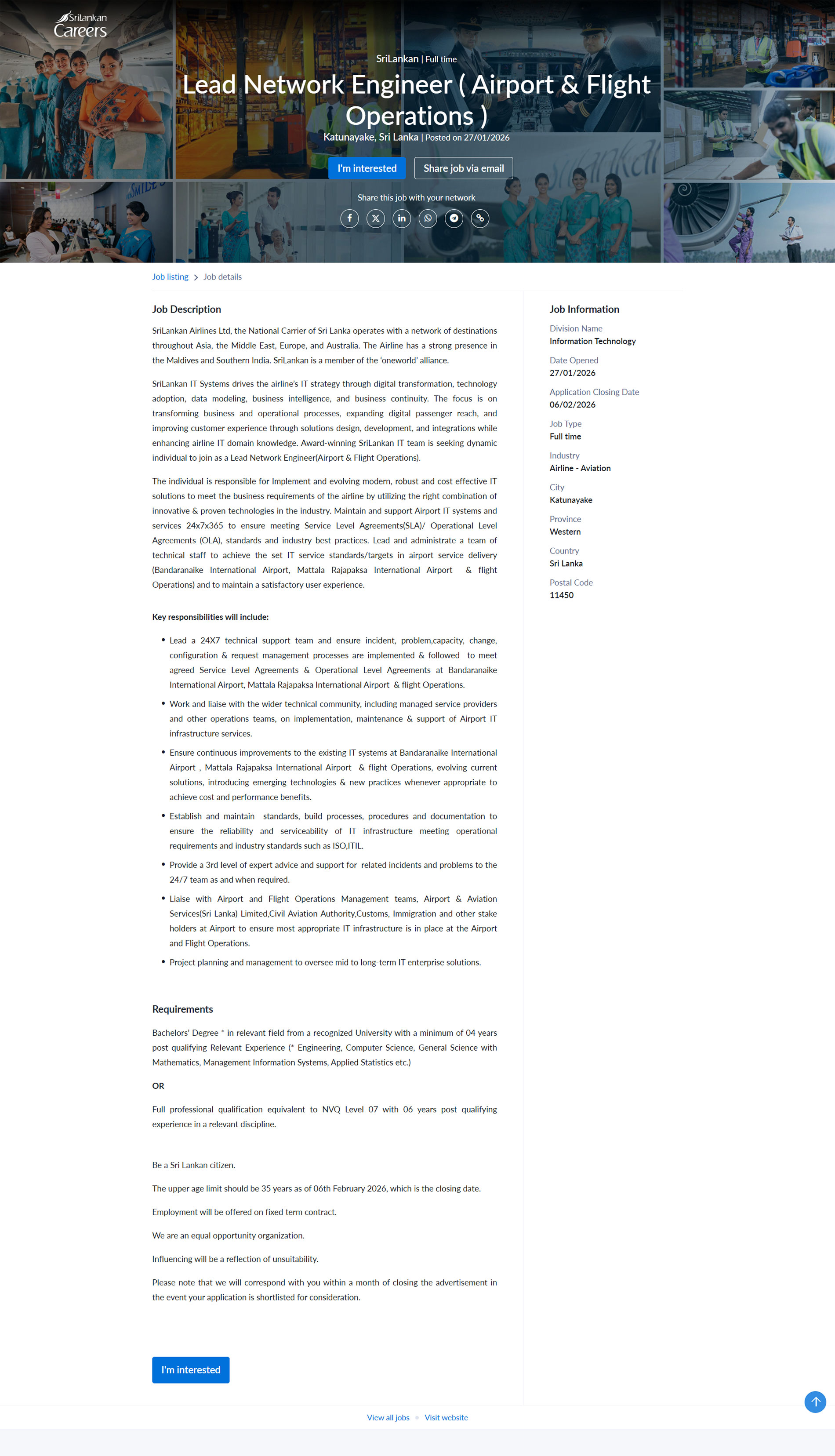 Lead Network Engineer (Airport & Flight Operations) - SriLankan Airlines Limited