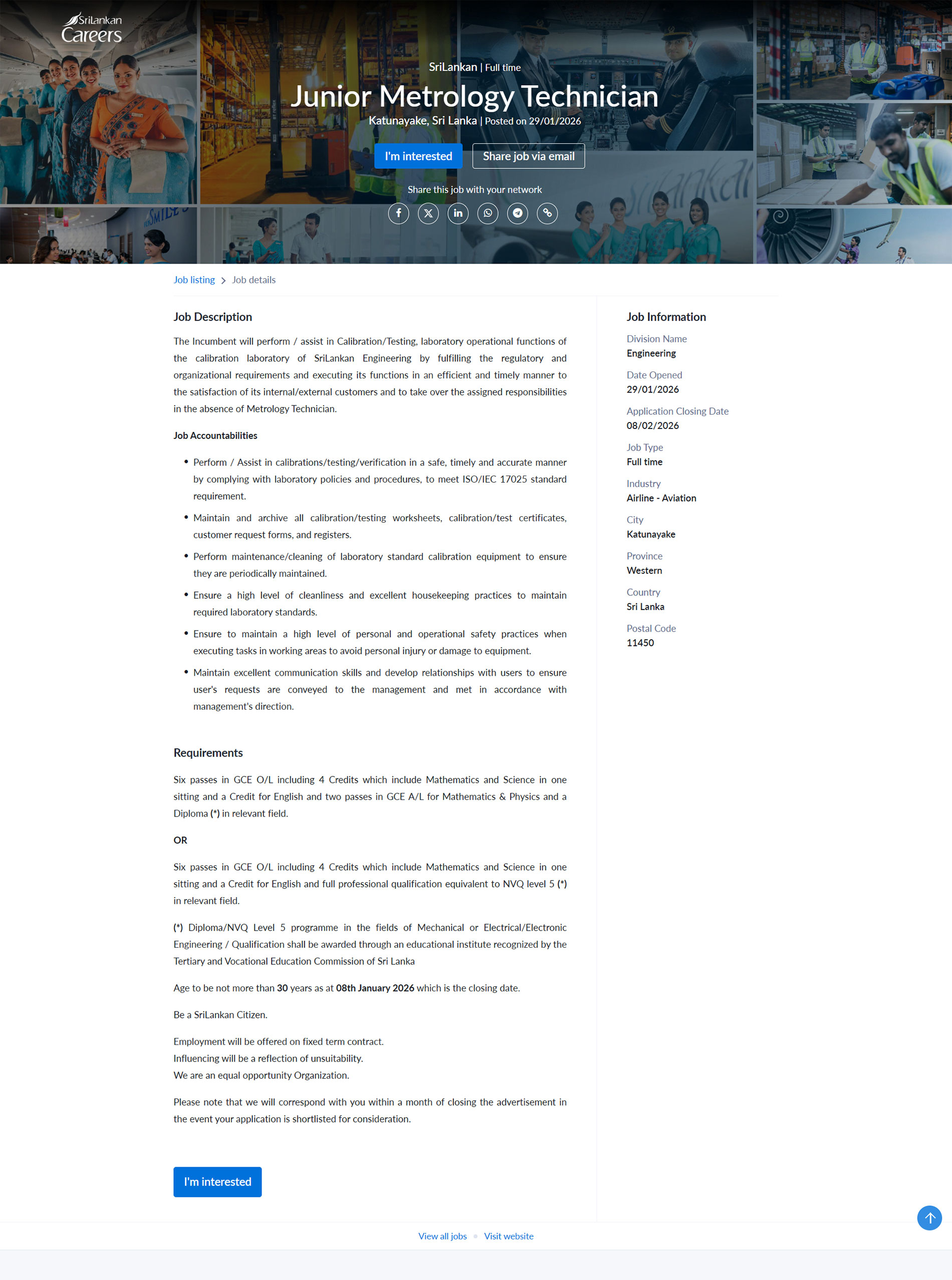 Junior Metrology Technician - SriLankan Airlines Limited