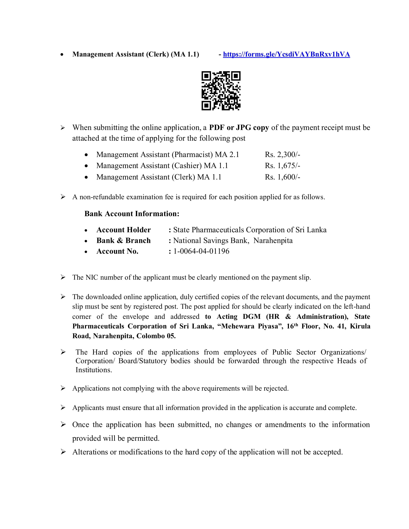 Management Assistant (Pharmacist, Cashier, Clerk) - State Pharmaceuticals Corporation of Sri Lanka 