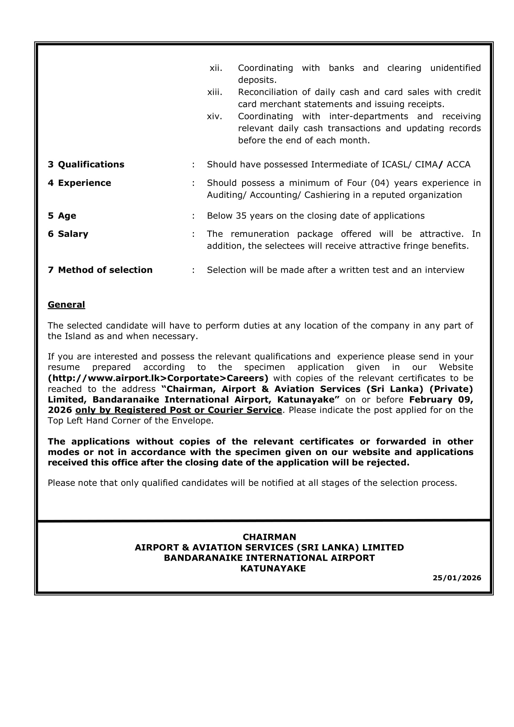 Accounts Assistant/Cashier - Airport & Aviation Services (Sri Lanka) (Private) Limited
