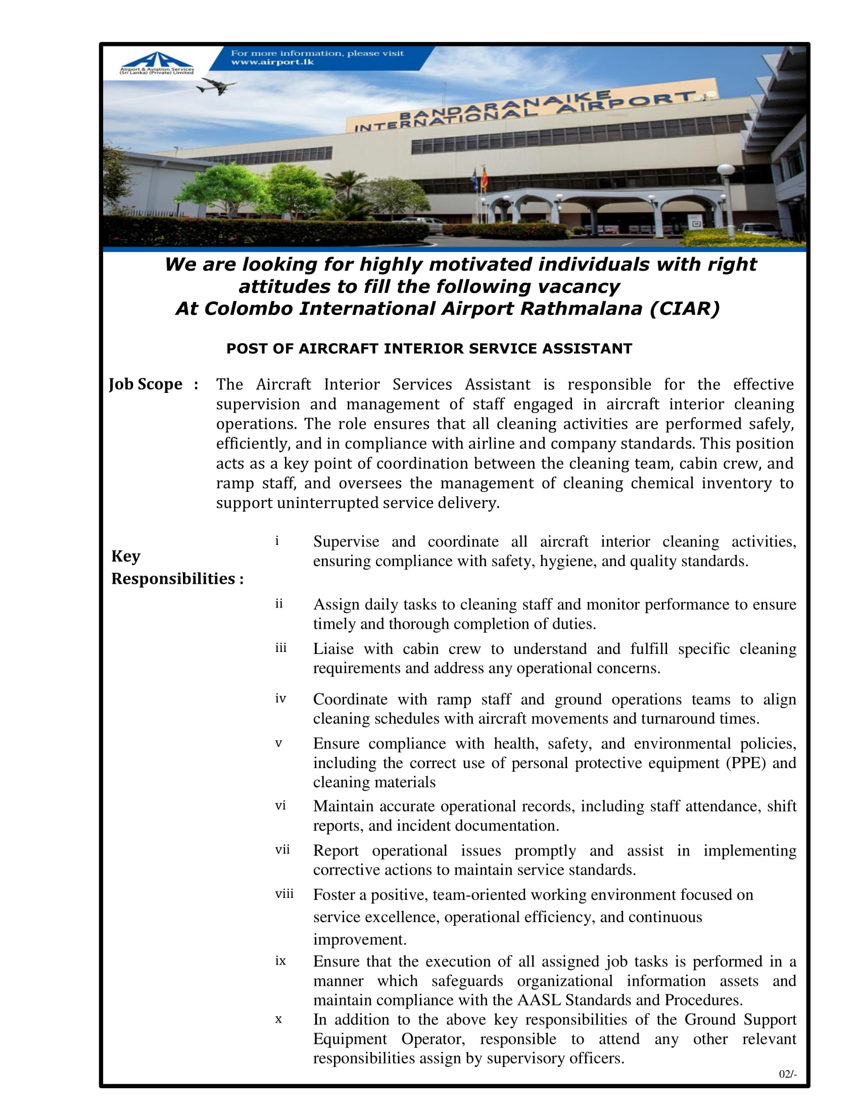 Aircraft Interior Service Assistant - Airport & Aviation Services (Sri Lanka) (Private) Limited