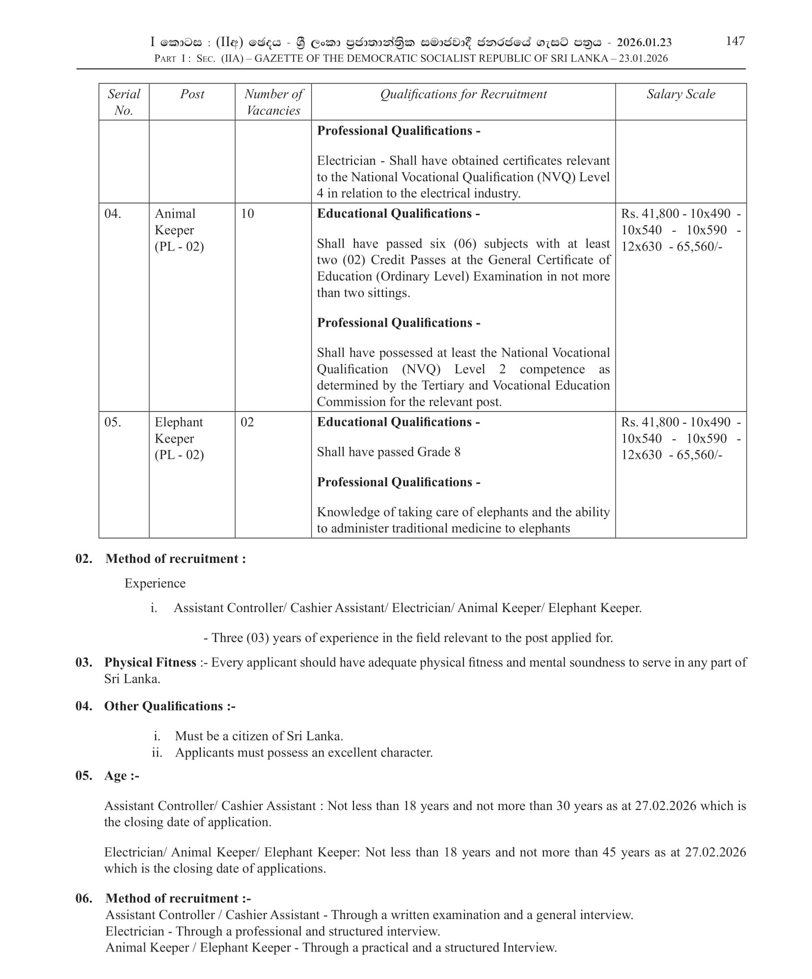 Assistant Curator, Cashier Assistant, Electrician, Animal Keeper, Elephant Keeper - Department of Natonal Zoological Gardens