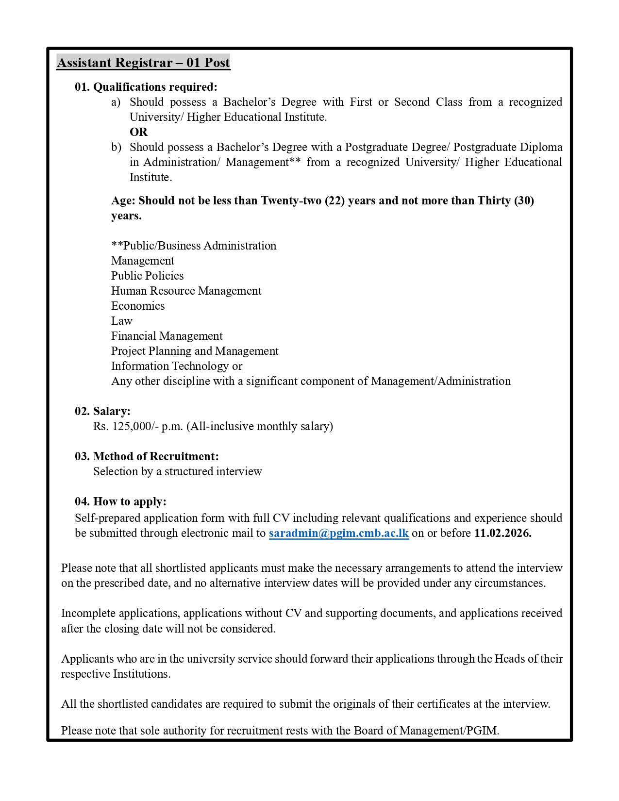 Senior Assistant Registrar, Assistant Registrar, Assistant Bursar - Postgraduate Institute of Medicine - University of Colombo