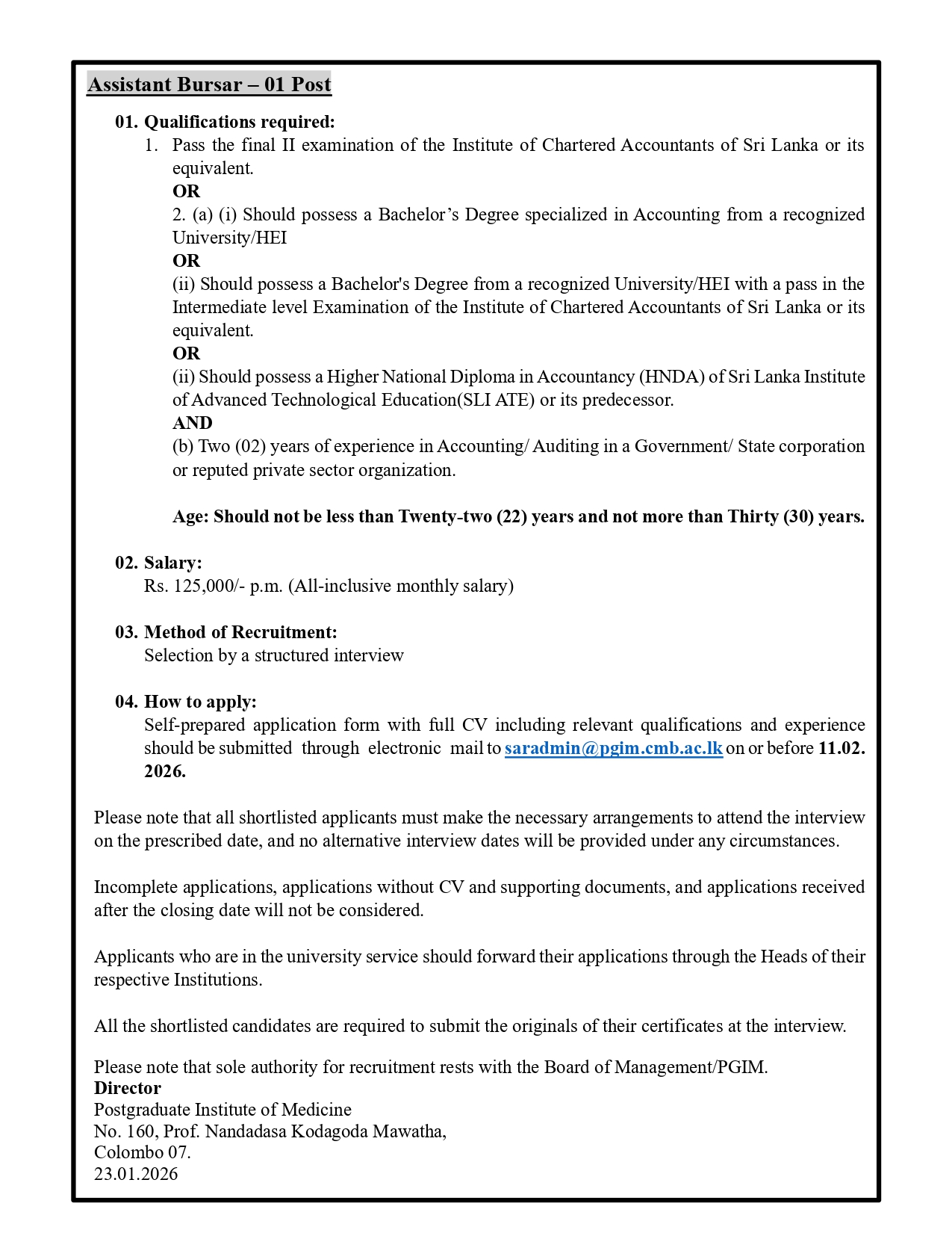 Senior Assistant Registrar, Assistant Registrar, Assistant Bursar - Postgraduate Institute of Medicine - University of Colombo