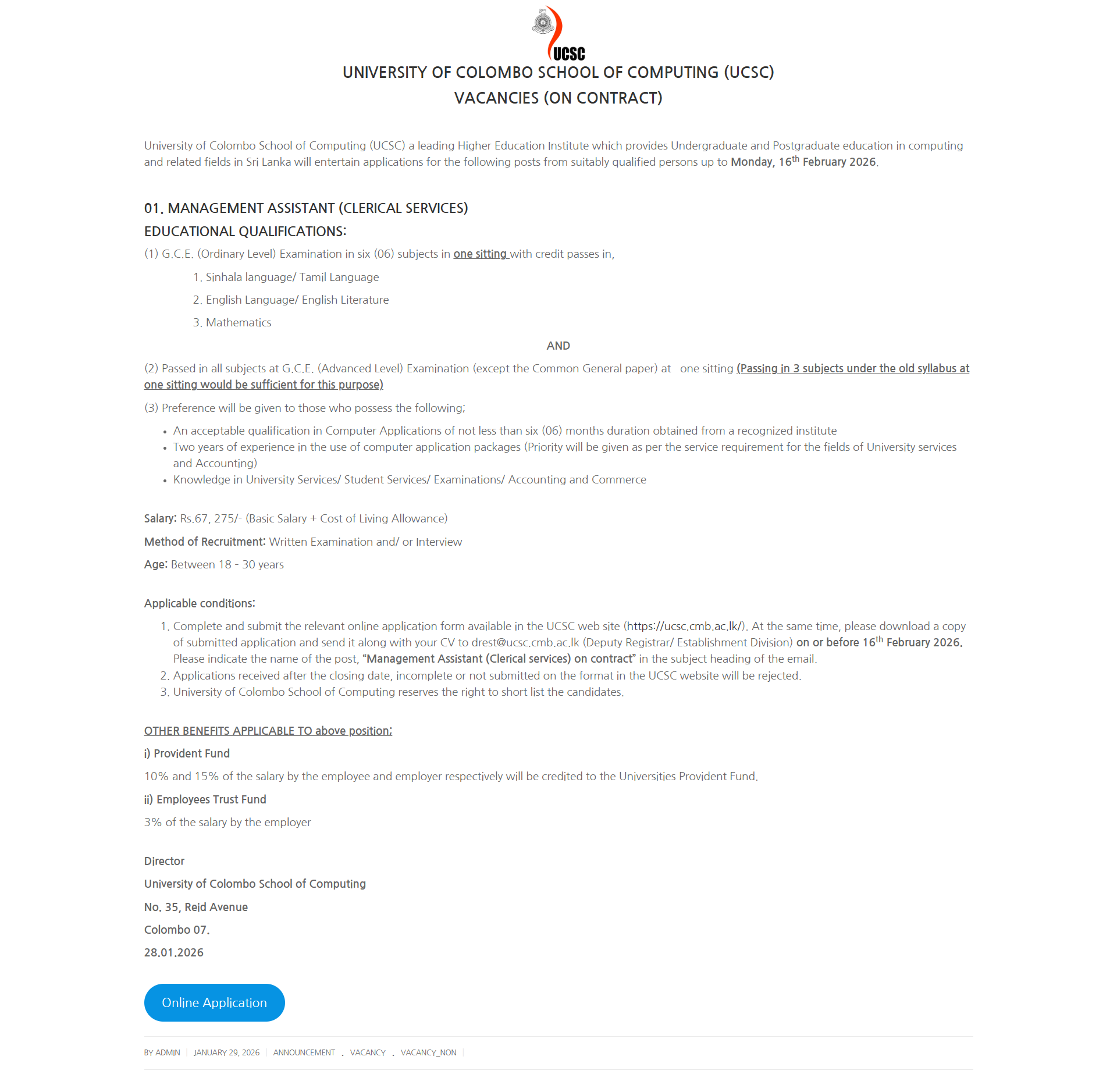 Management Assistant - University of Colombo School of Computing