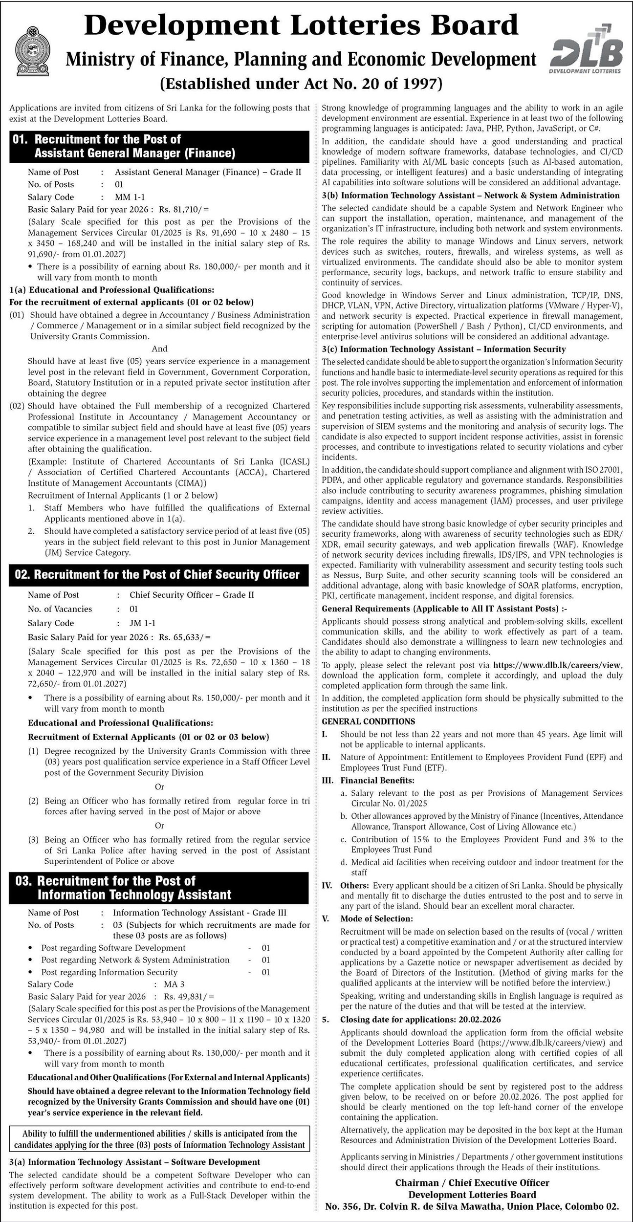 Assistant General Manager, Chief Security Officer, Information Technology Assistant - Development Lotteries Board