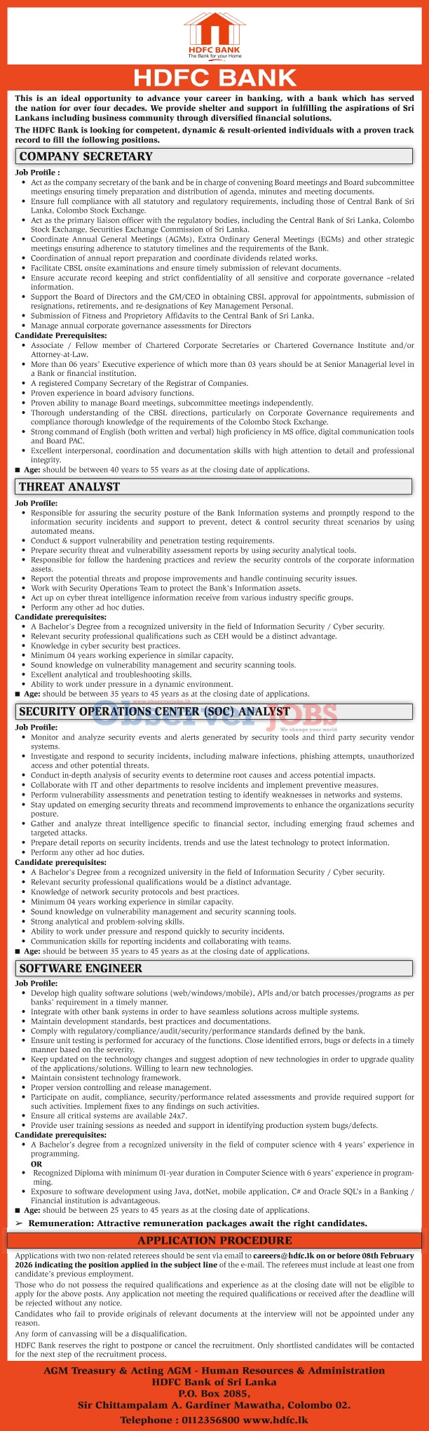 Company Secretary, Threat Analyst, Security Operation Center, Software Engineer - HDFC Bank