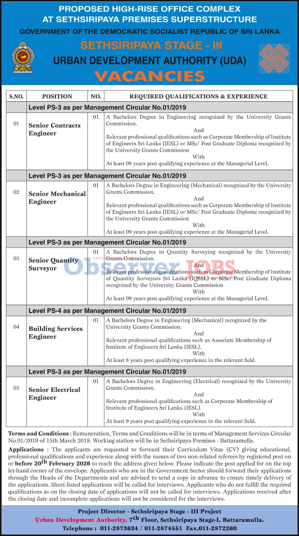 Senior Contracts Engineer, Senior Mechanical Engineer, Senior Quantity Surveyor, Building Services Engineer, Senior Electrical Engineer - Urban Development Authority