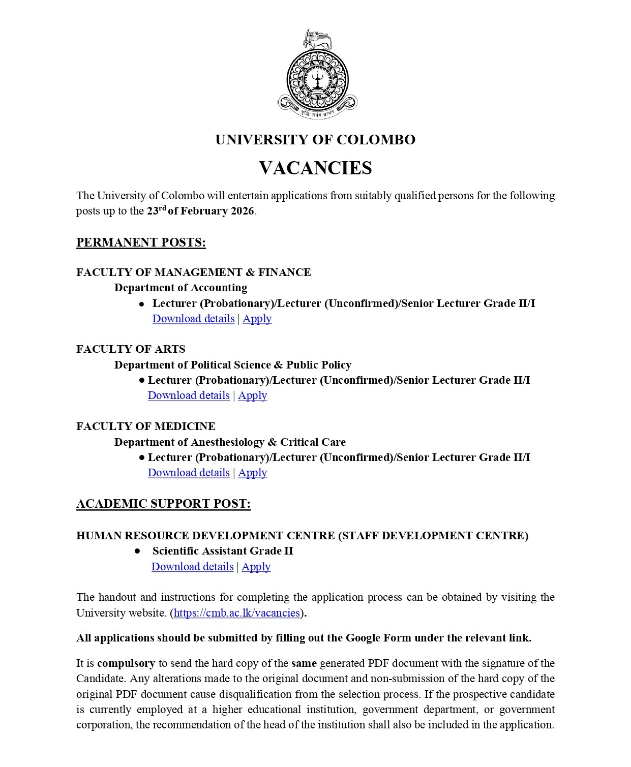 Lecturer, Senior Lecturer, Scientific Assistant - University of Colombo