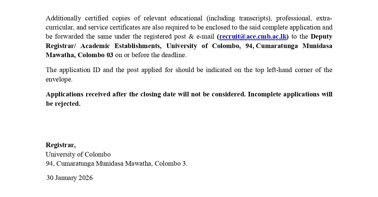 Lecturer, Senior Lecturer, Scientific Assistant - University of Colombo