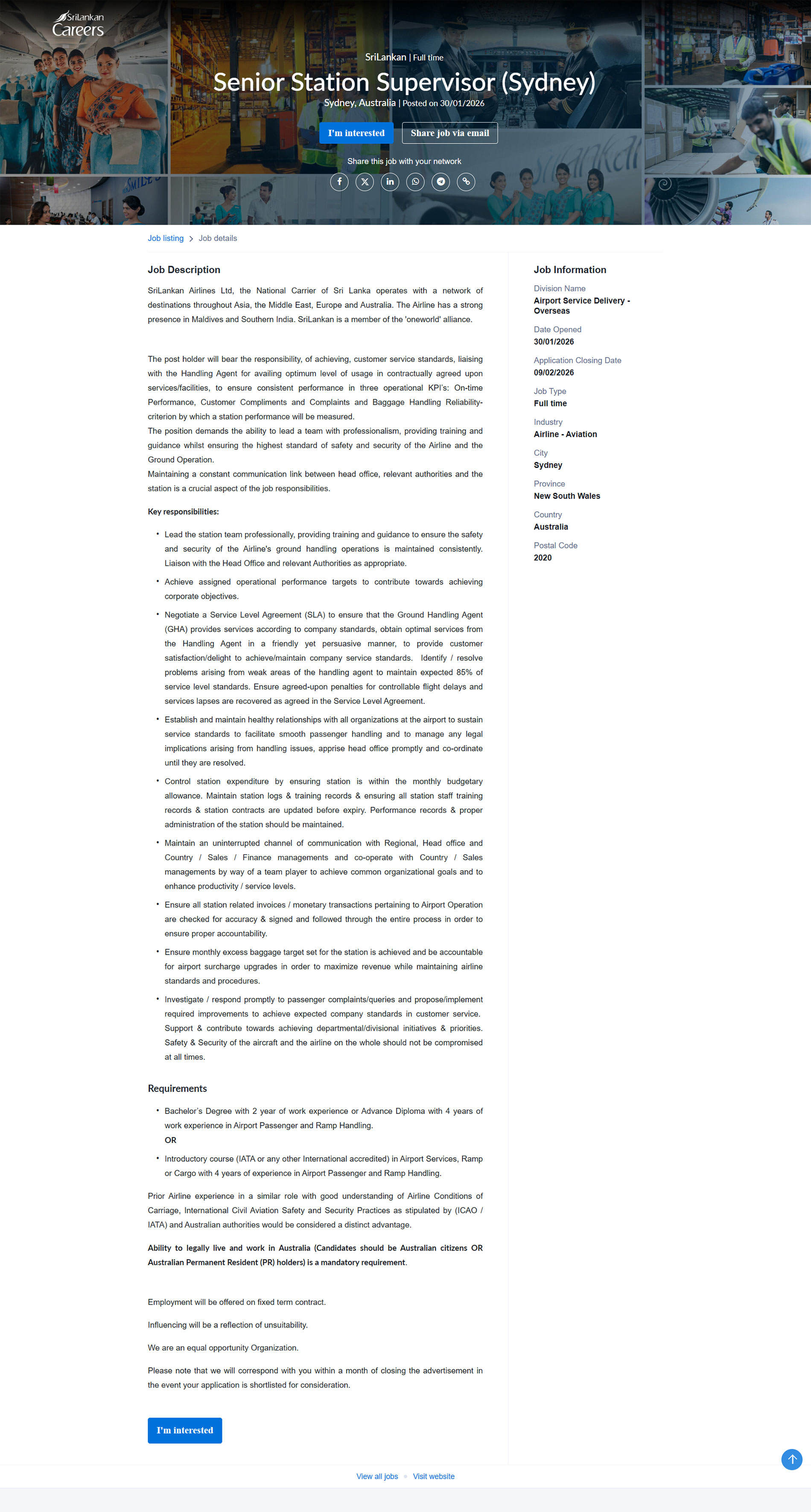 Senior Station Supervisor - SriLankan Airlines Limited