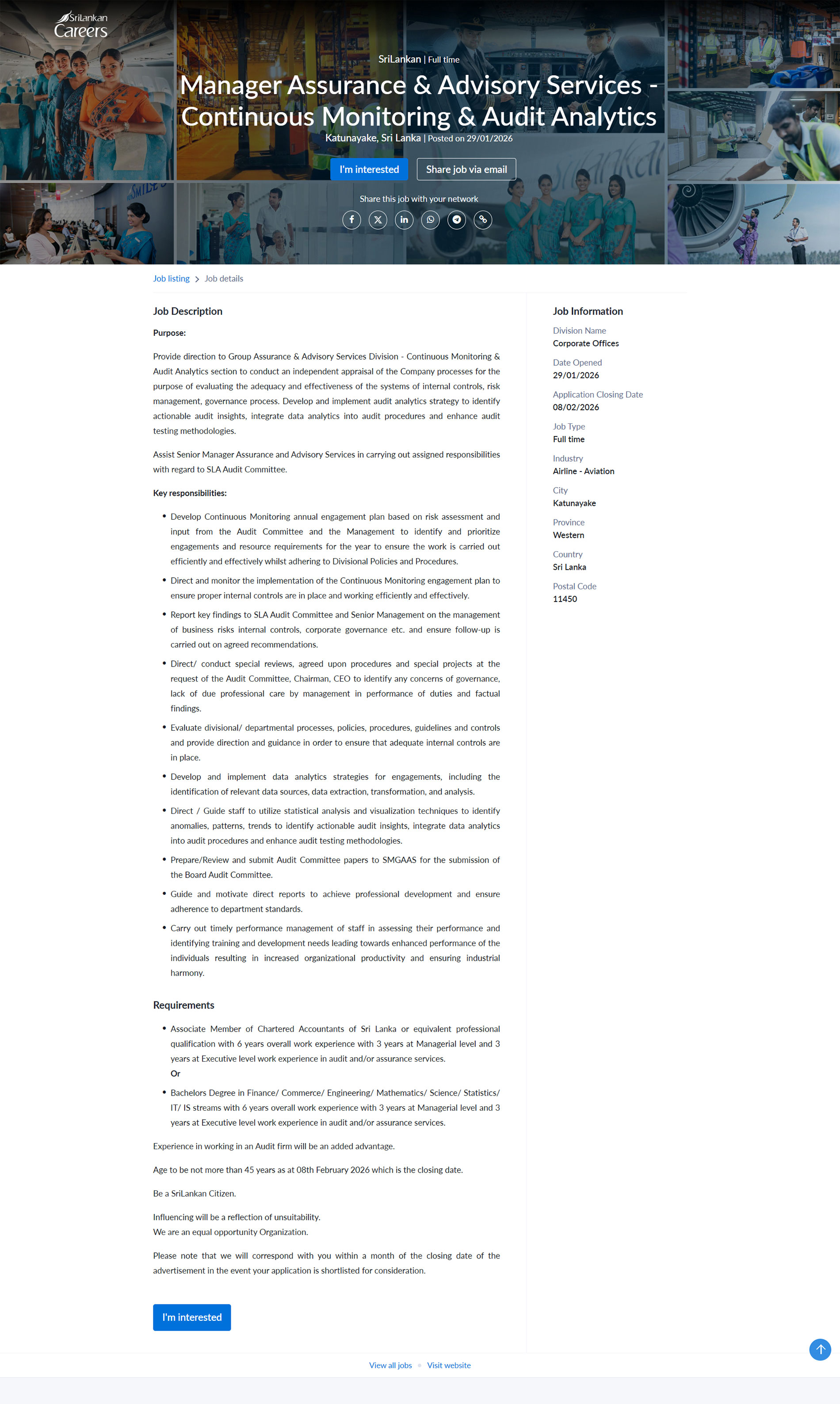 Manager Assurance & Advisory Services – Continuous Monitoring & Audit Analytics - SriLankan Airlines Limited